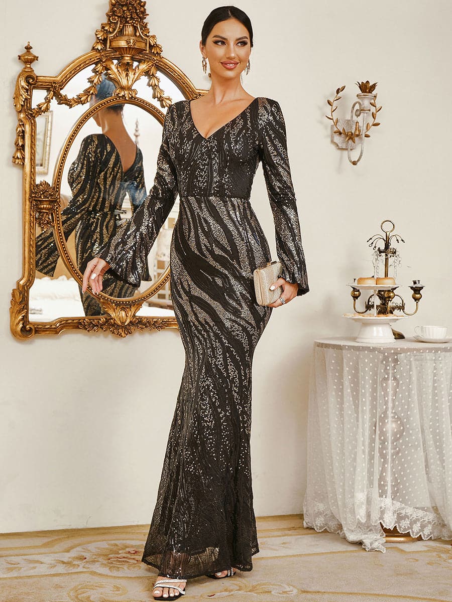 Mermaid Long Sleeve Sequin Blackgold Evening Dress