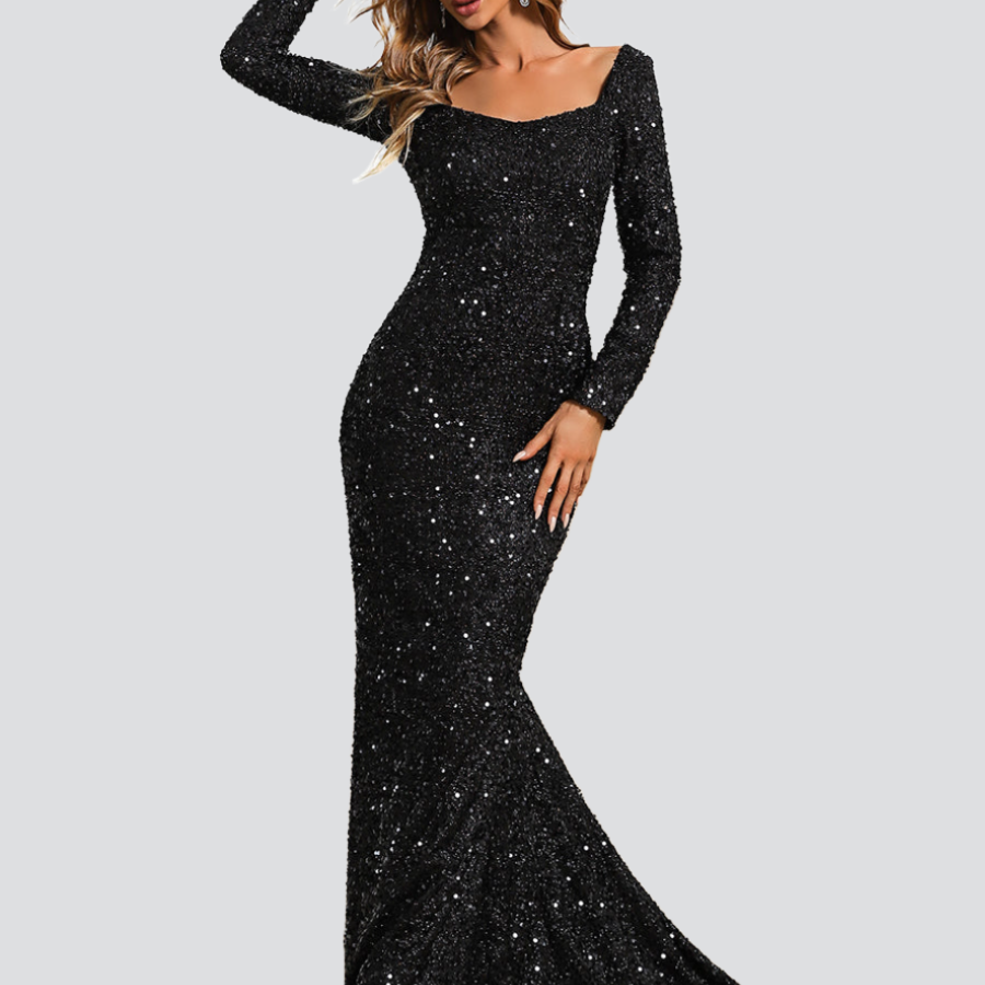 Schwarzes, bodenlanges Abendkleid mit herzförmigem Ausschnitt und Pailletten XJ429