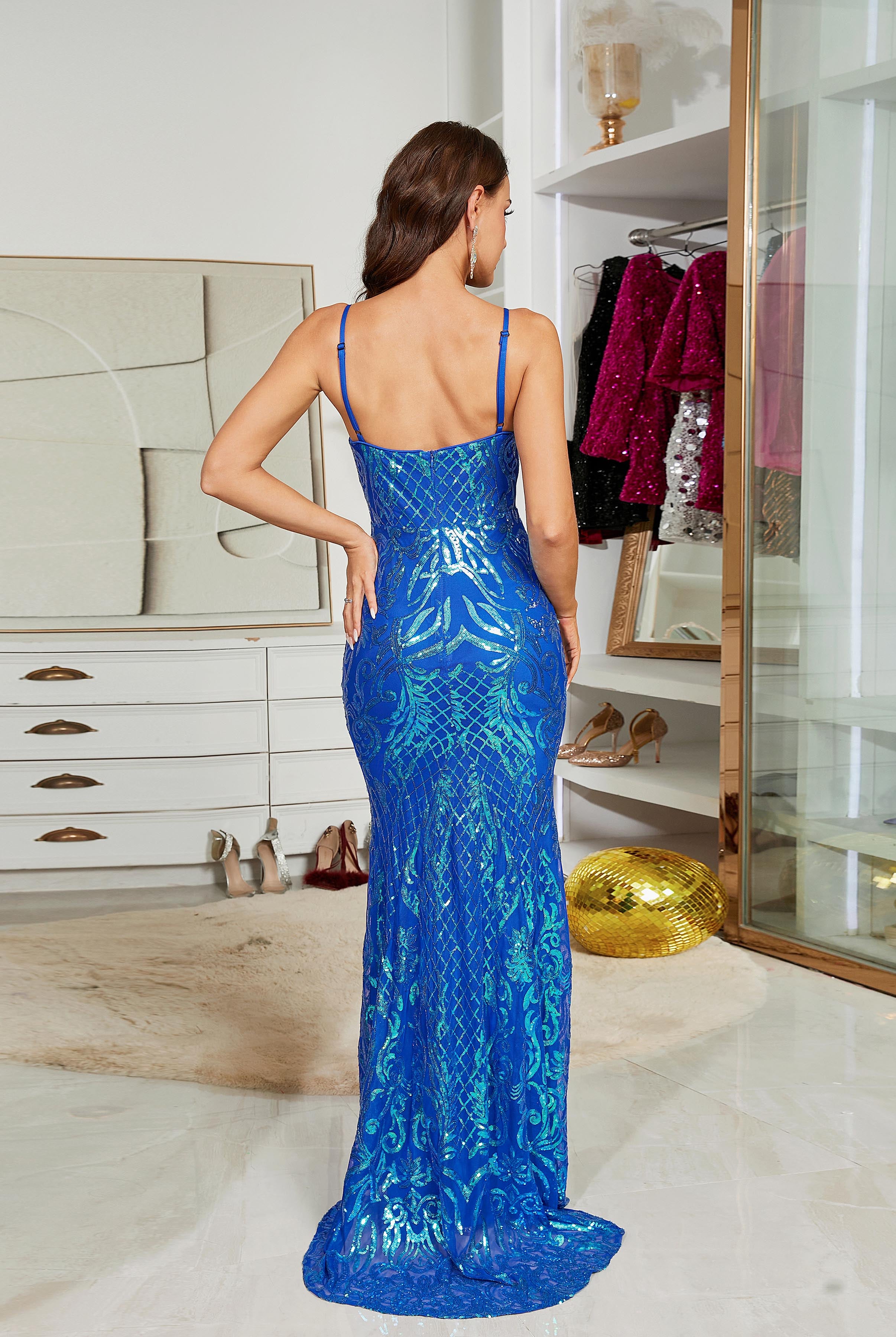 Spaghetti Straps V-neck Blue Sequin Prom Dress RJ10893