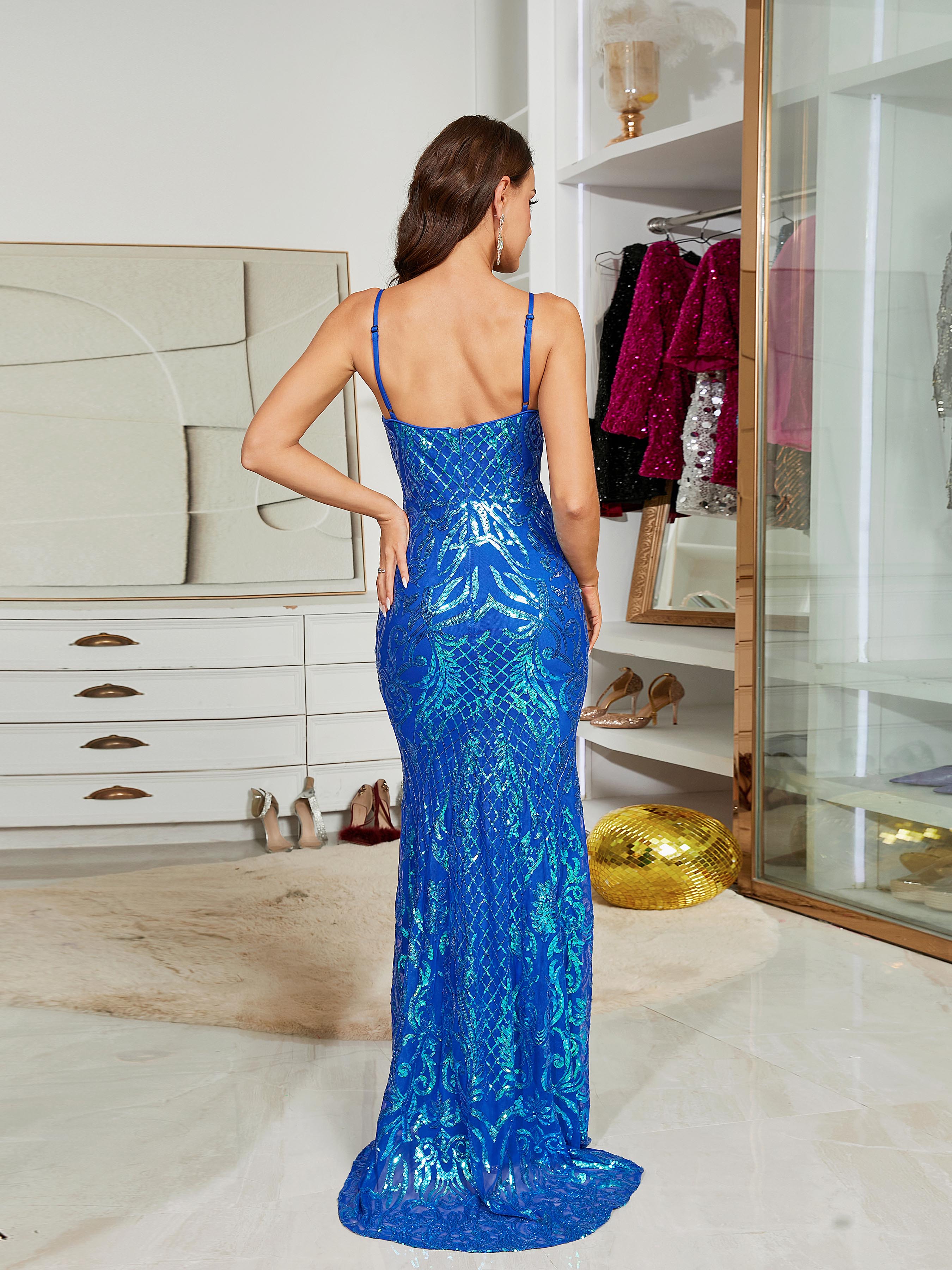 MISSORD Spaghetti Straps V-neck Blue Sequin Prom Dress