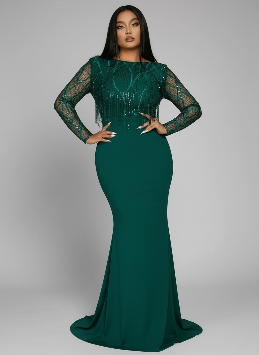 Plus Long Sleeve Fringed Maxi Dress PJMT1103 - MISS ORD