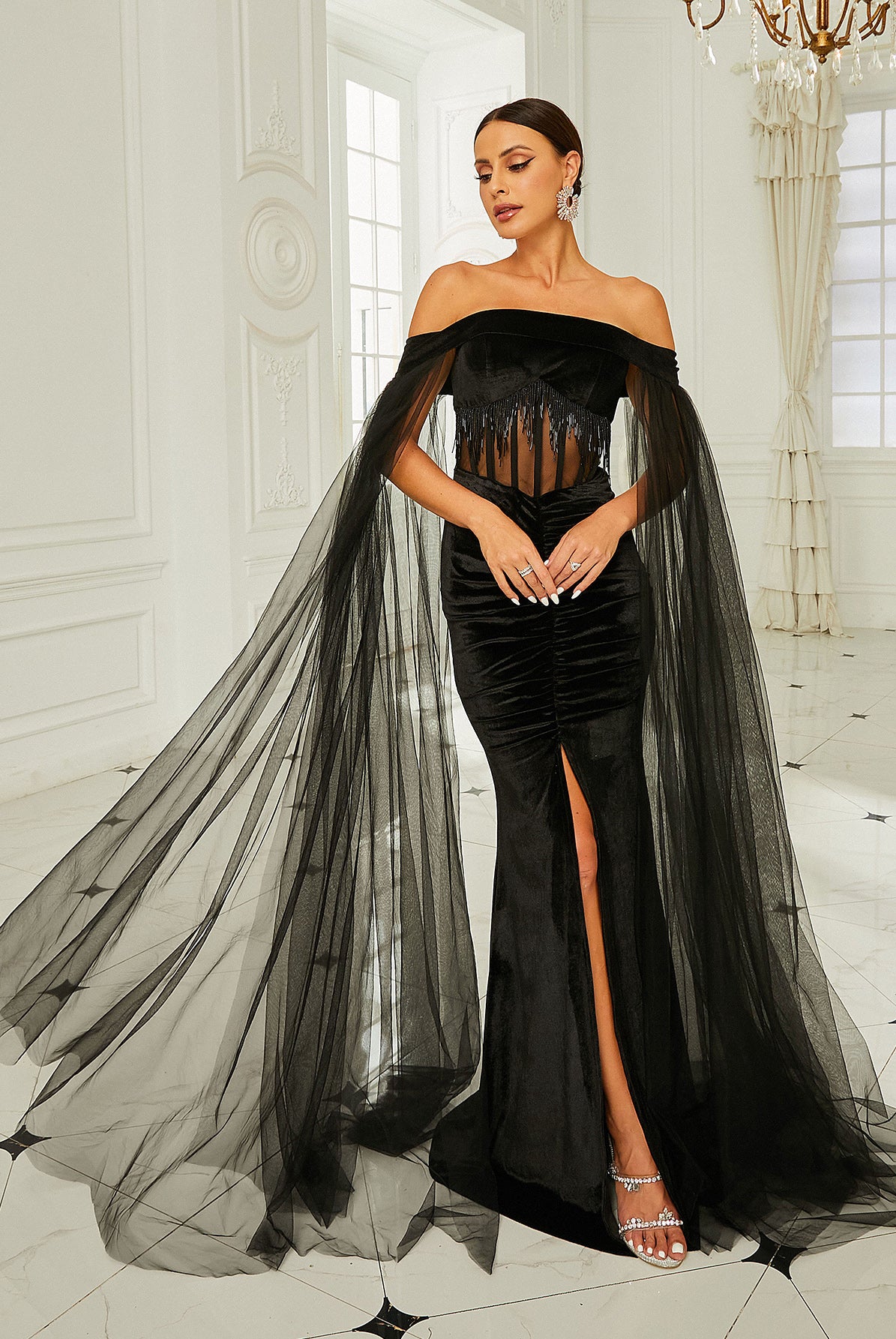 Off Shoulder Ruched Cut-out Velvet Black Prom Dress RA60254