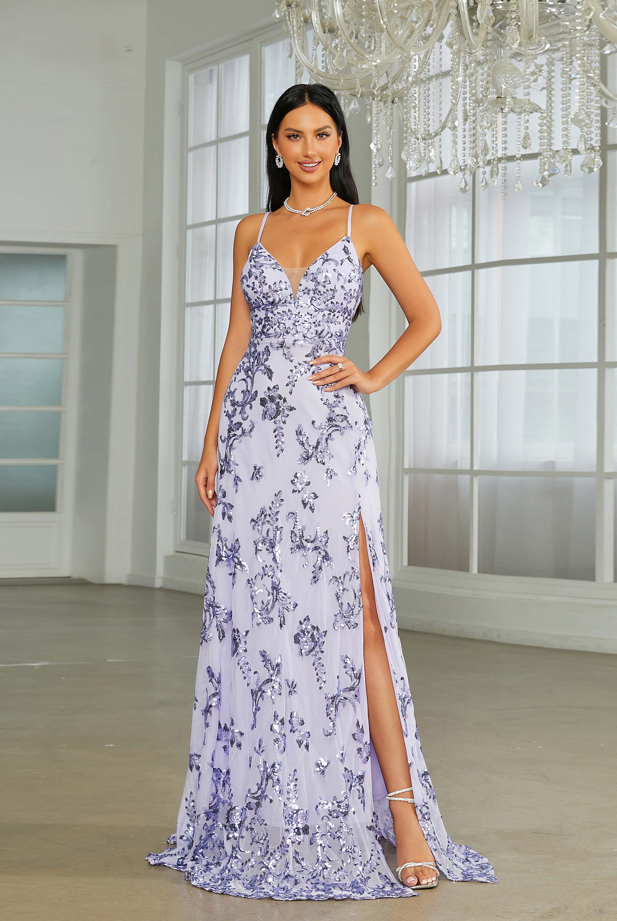 Sleeveless Deep V-Neck Floral Sequin Prom Dress RA60020