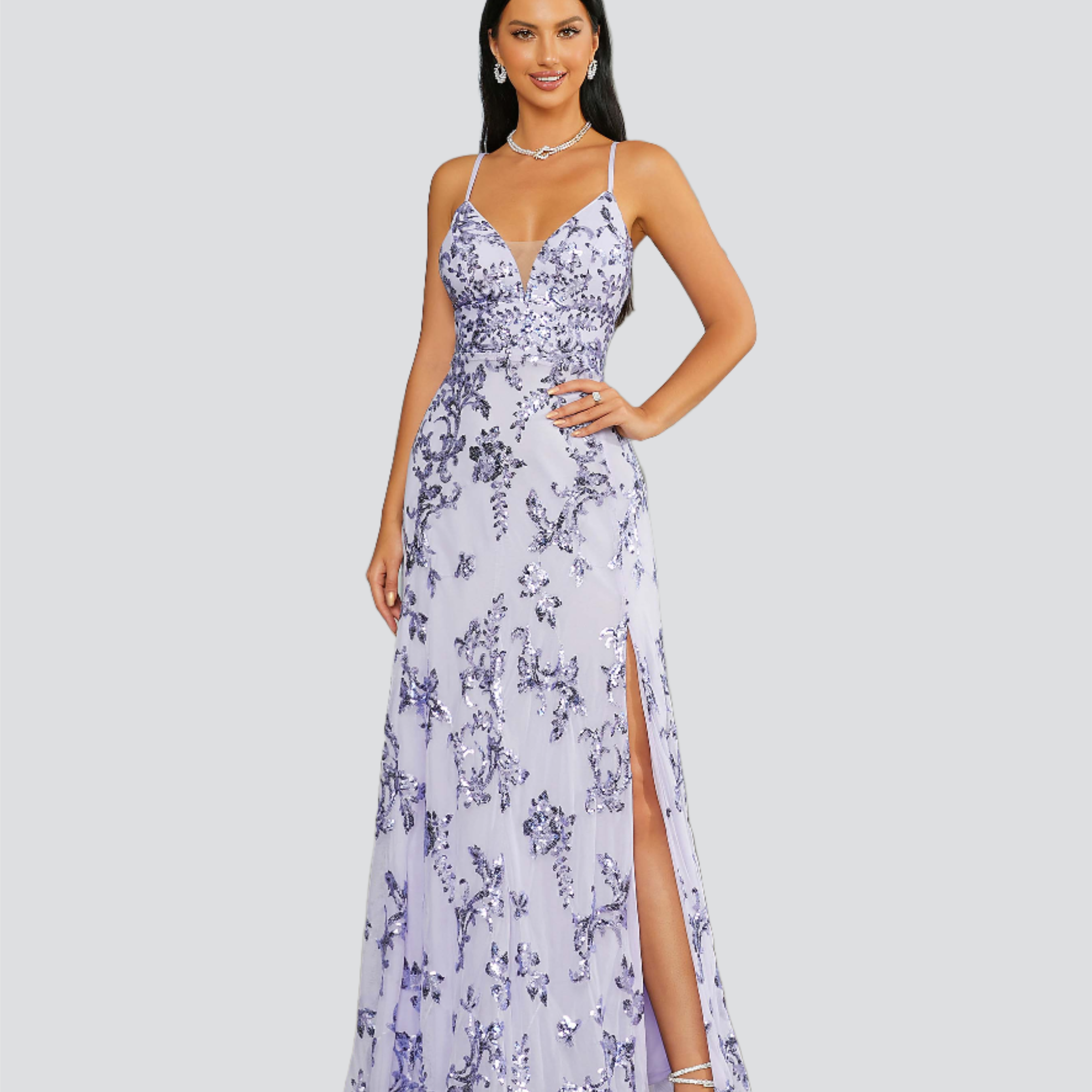 Sleeveless Deep V-Neck Floral Sequin Prom Dress
