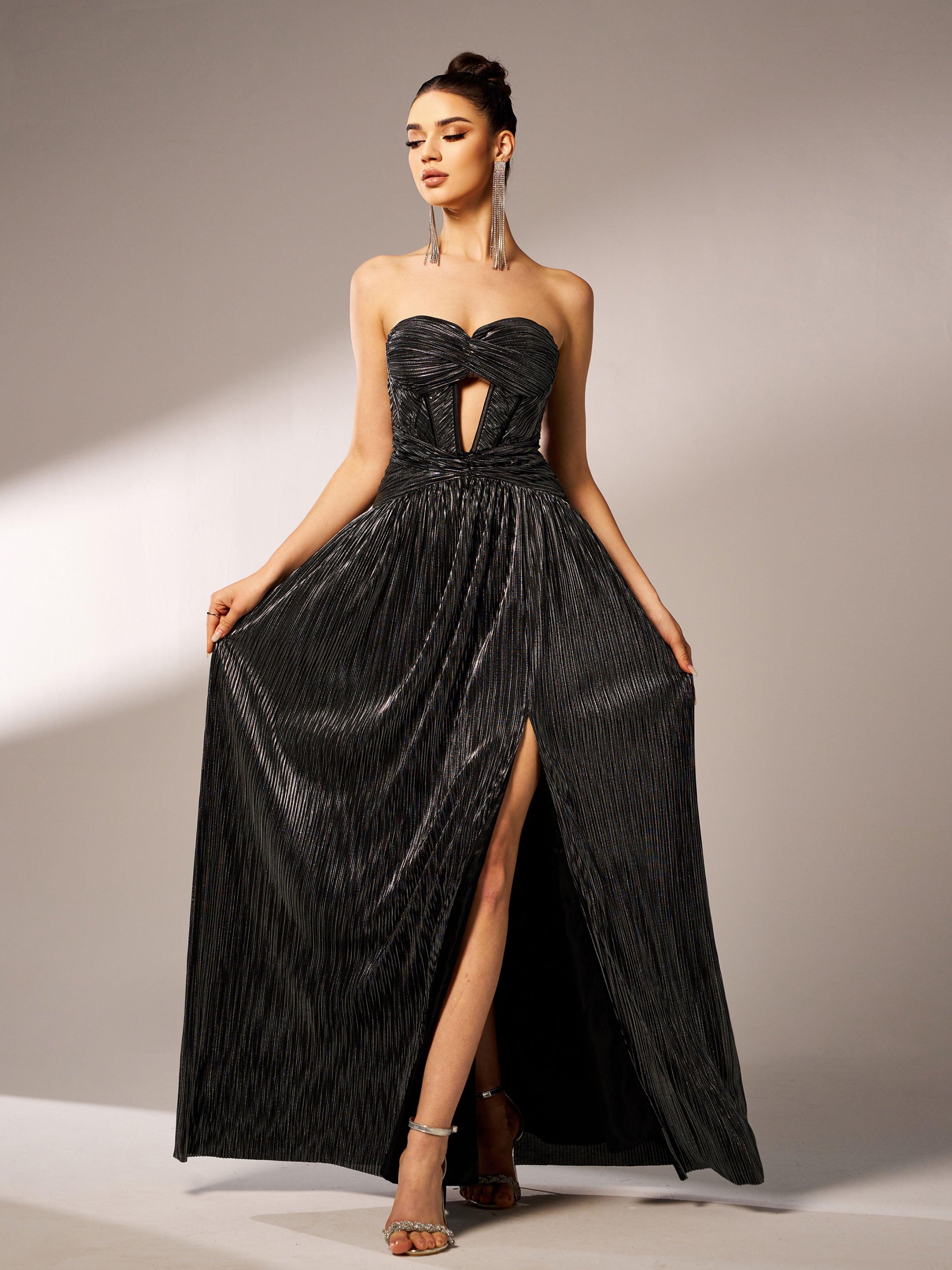 Corset Strapless Split Plain Maxi Dress DH80174 - MISS ORD