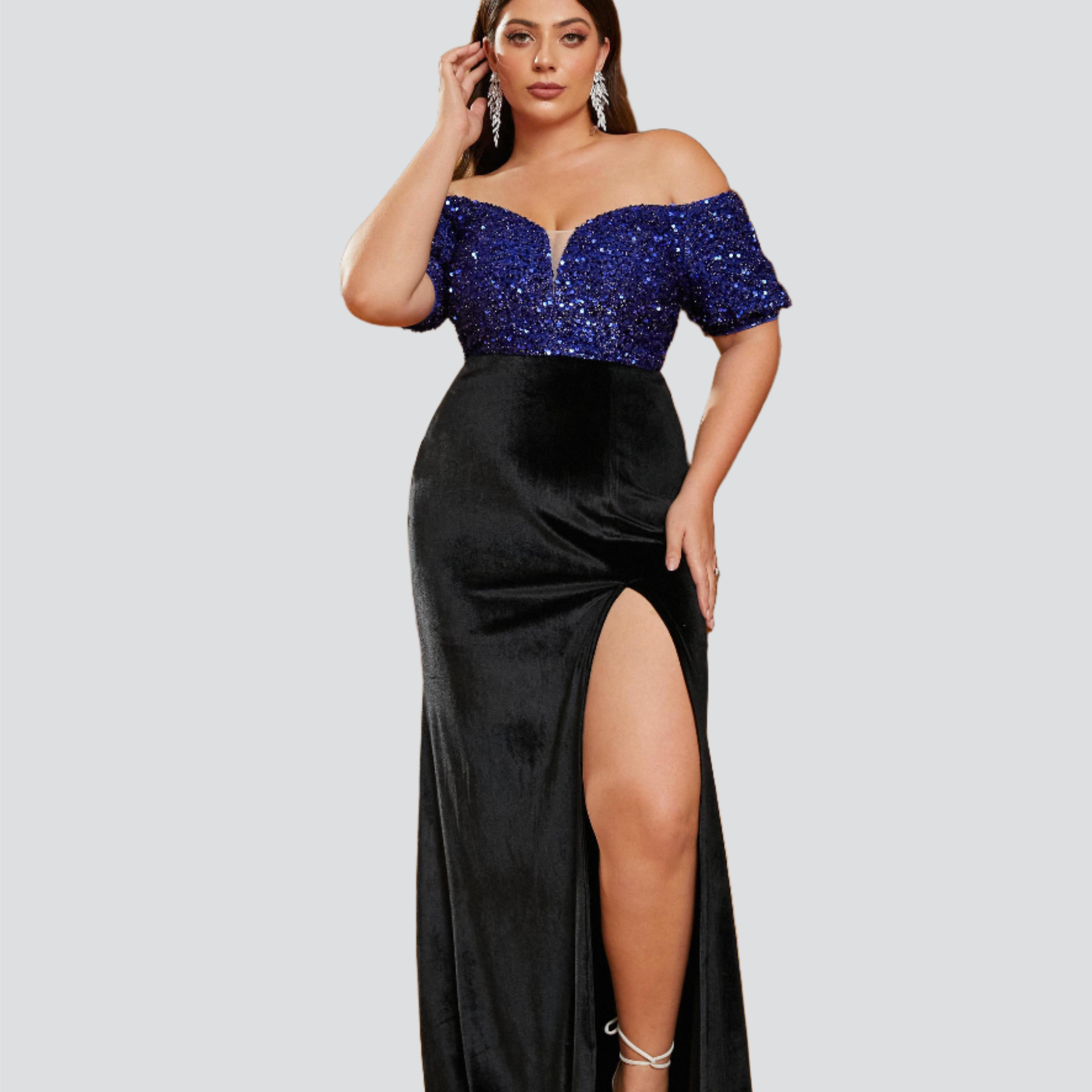 Plus Off Shoulder Split Velvet Black Prom Dress PRM20855