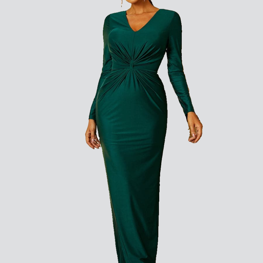 V-Neck Long Sleeve Green Maxi Prom Dress