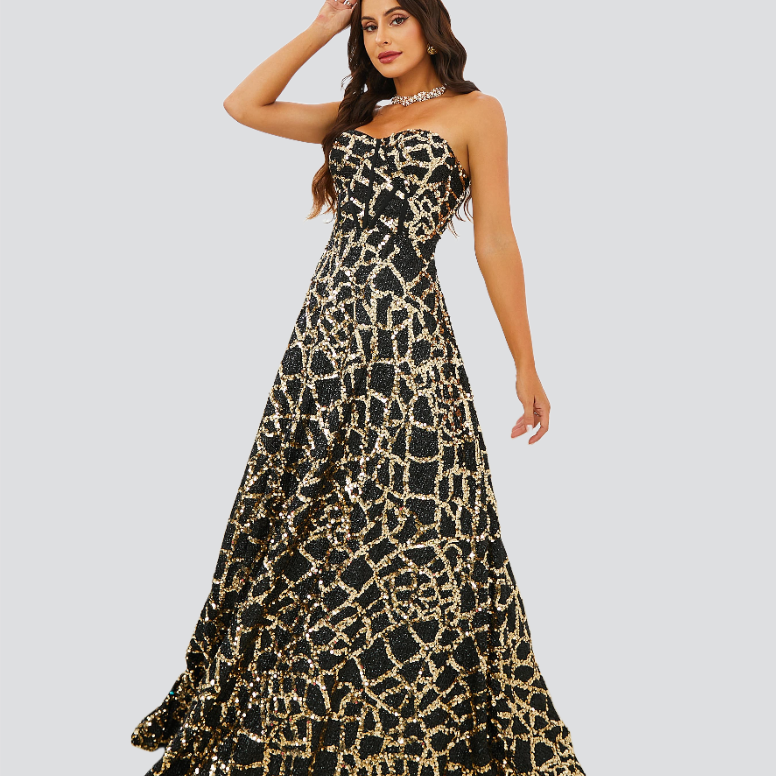 Strapless Geometric Sequin Evening Dress