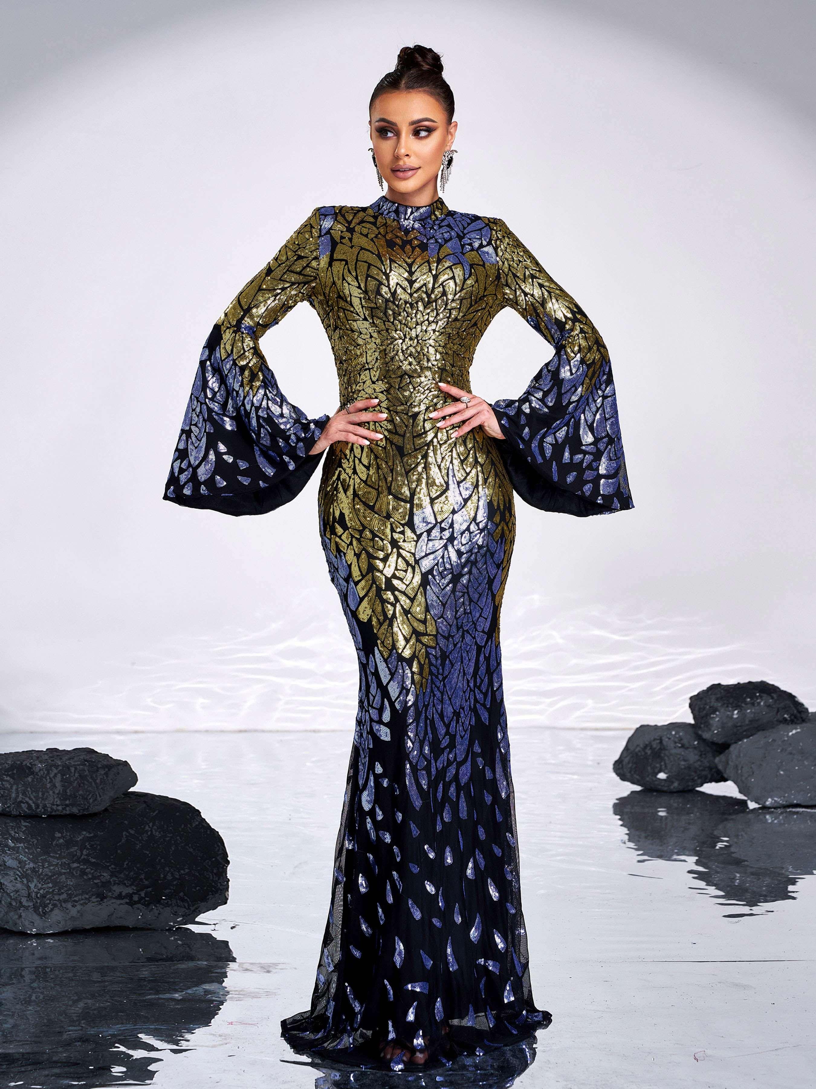 Backless Bell Sleeve Sequin Formal Dress XH2425 - MISS ORD