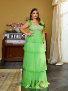 Plus Size A-Line Feather Strap Embroidery Green Prom Dress