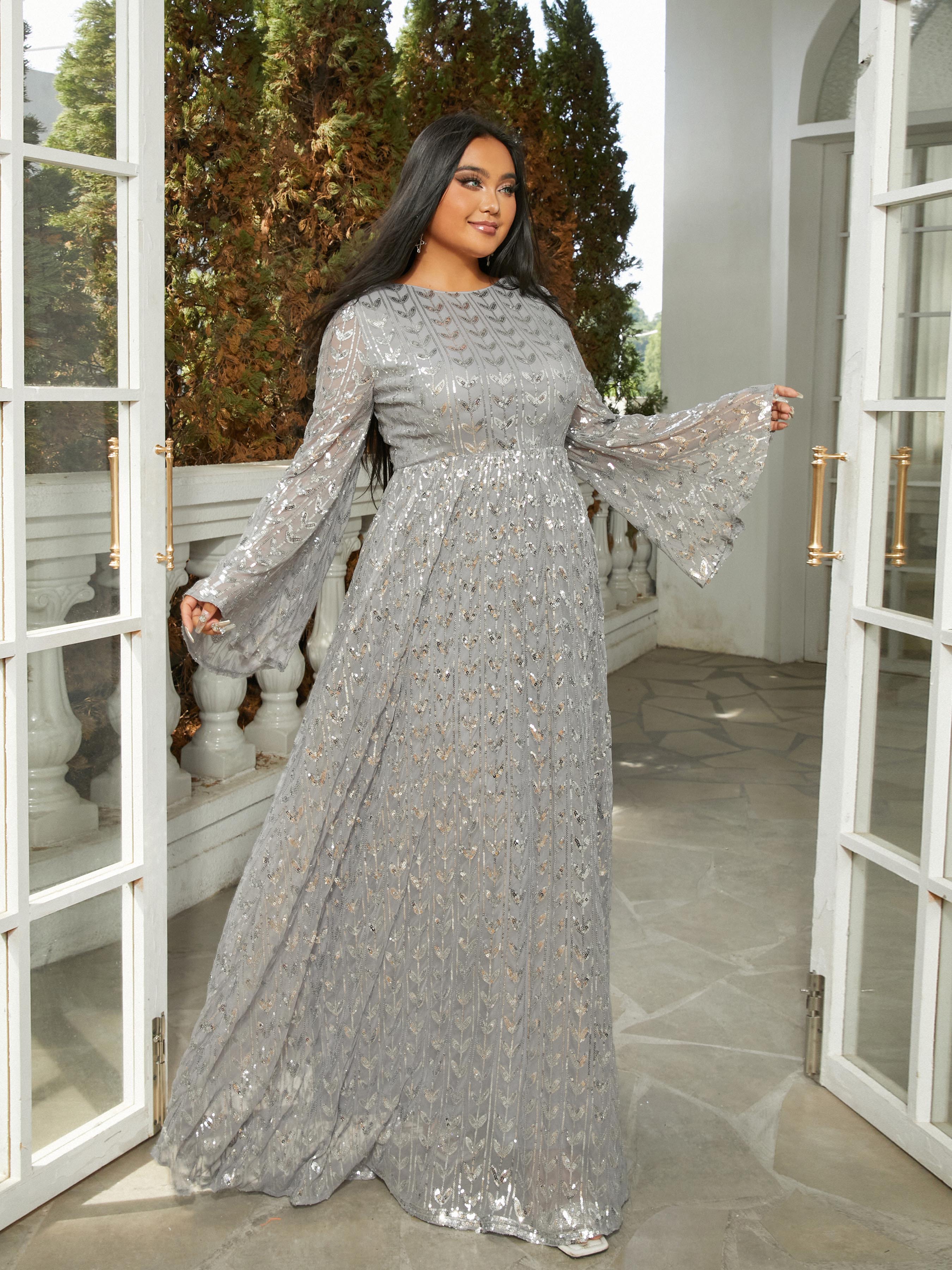 Plus Size Bell Sleeve Backless Sequin Grey Evening Dress PRM20603 - MISS ORD