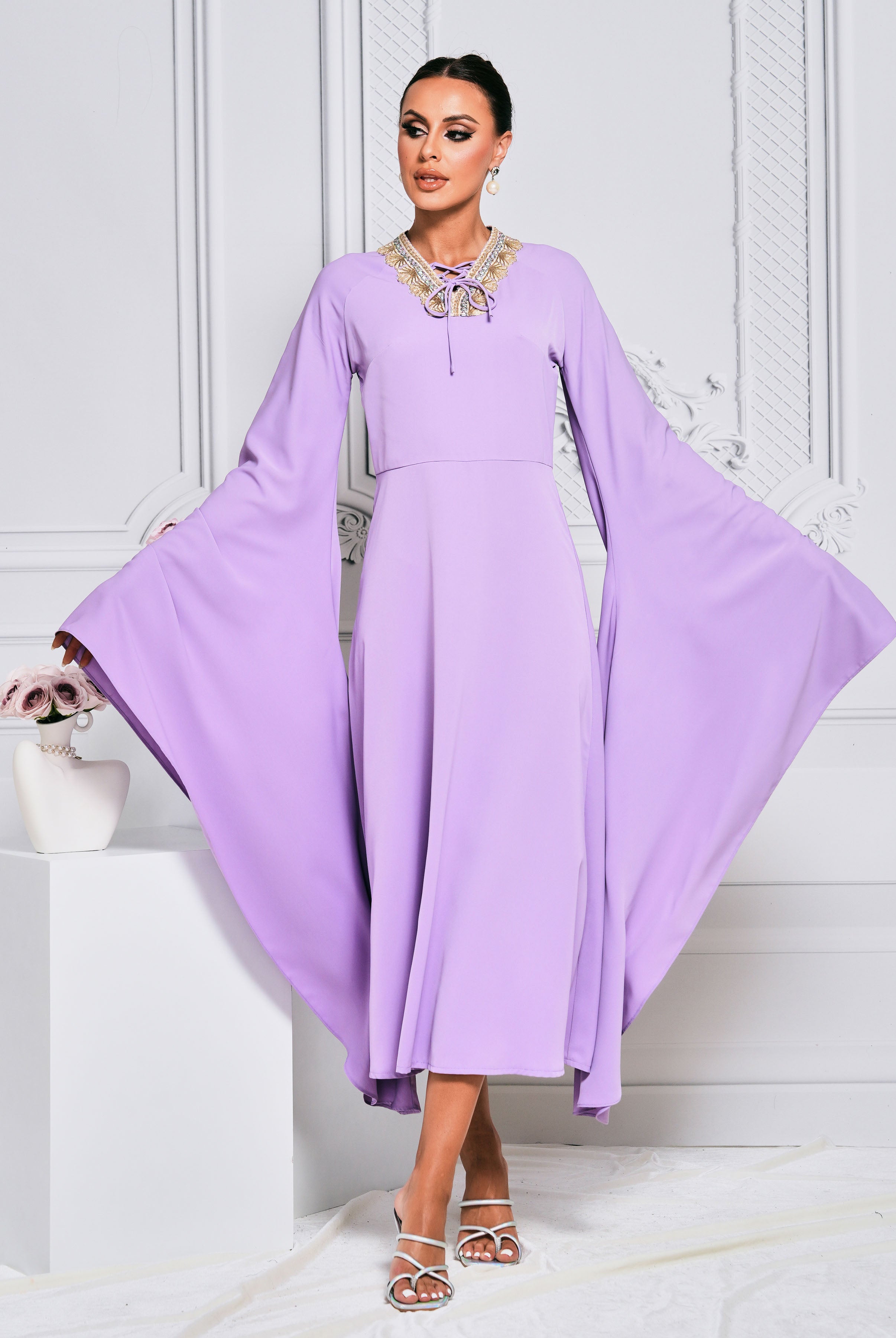 Bell Sleeve A-line Purple Midi Dress