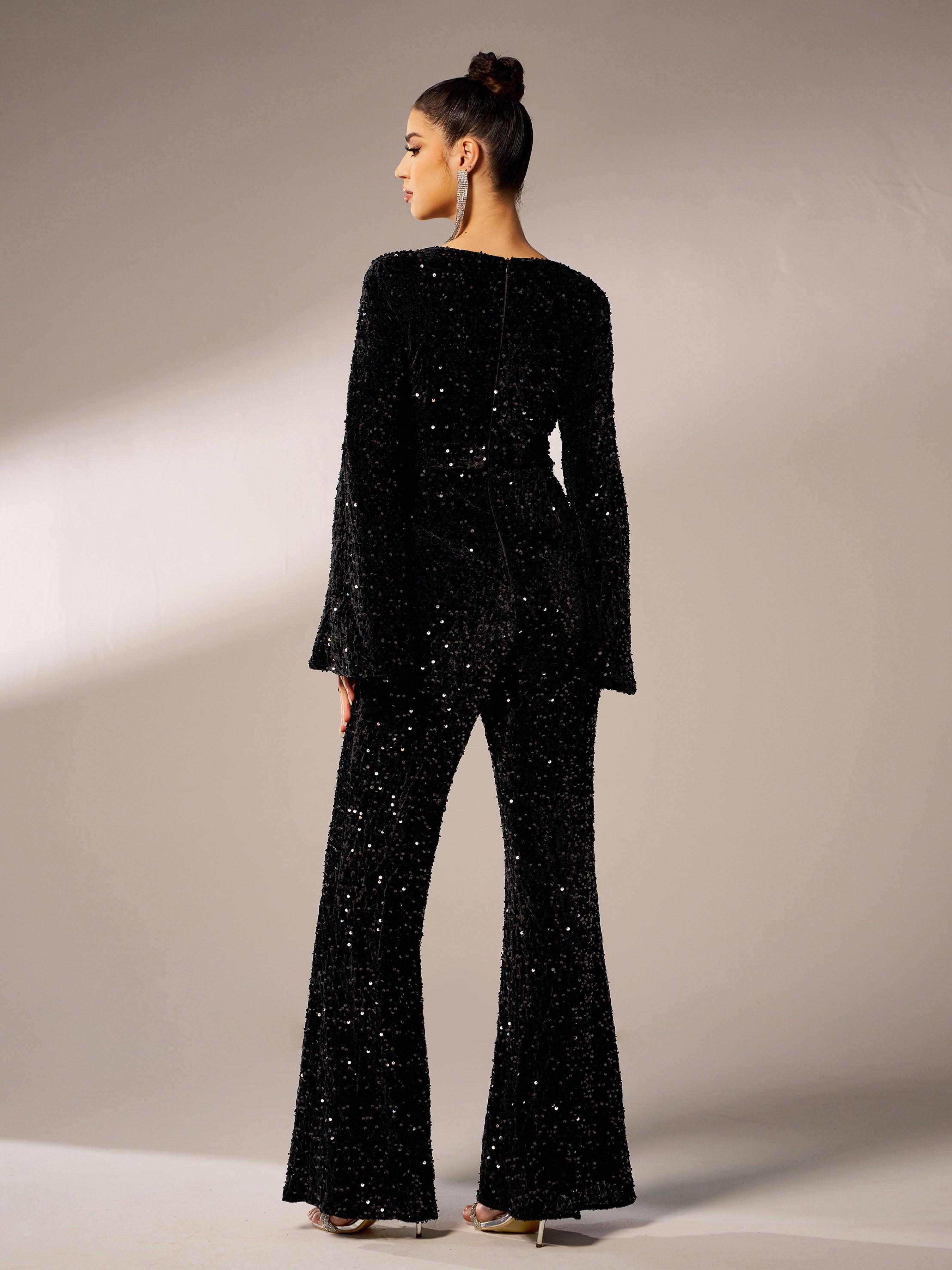 Long Sleeve V Neck Sequin Jumpsuit GM00622 - MISS ORD