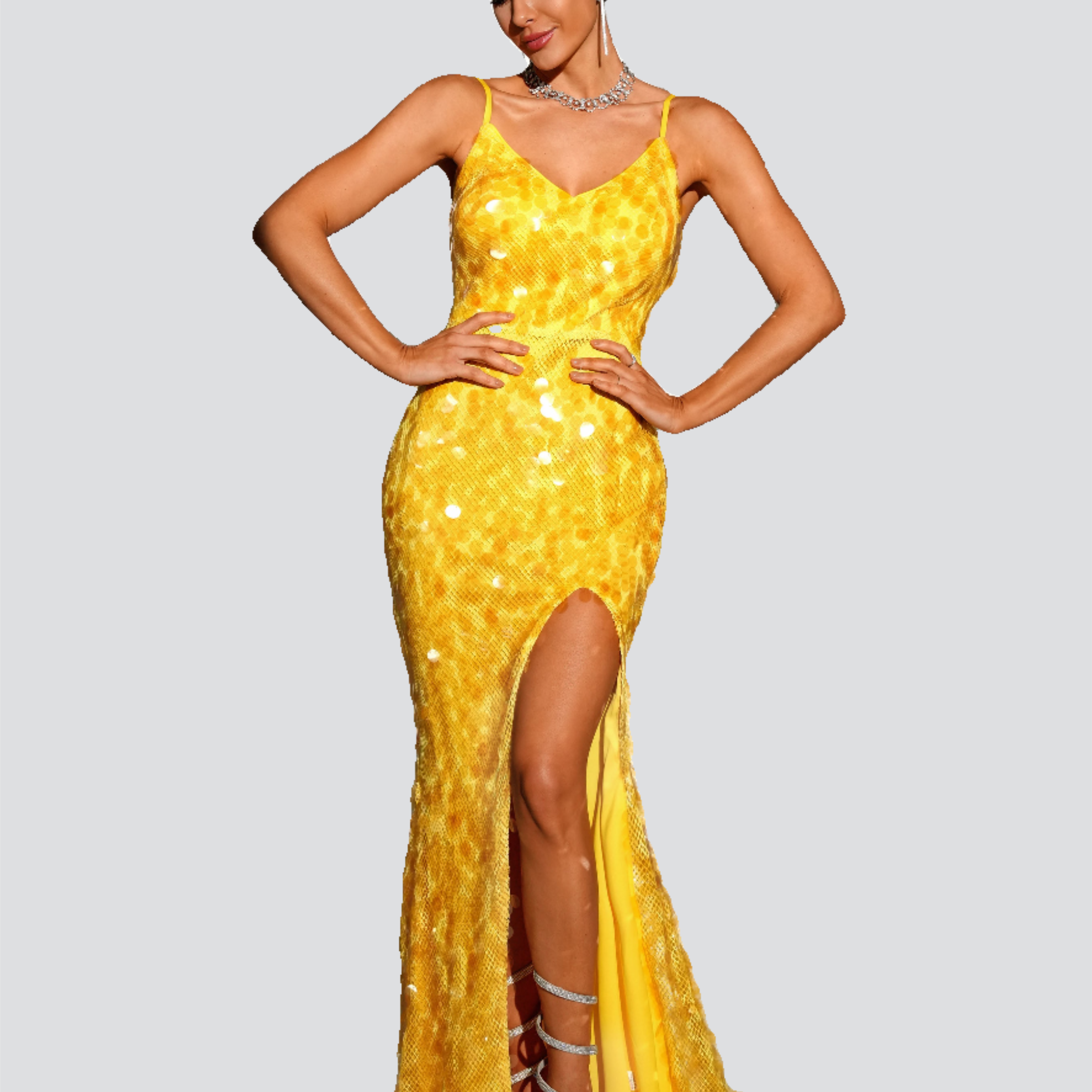 Spaghetti Straps High Split Yellow Sequin Soft Gown