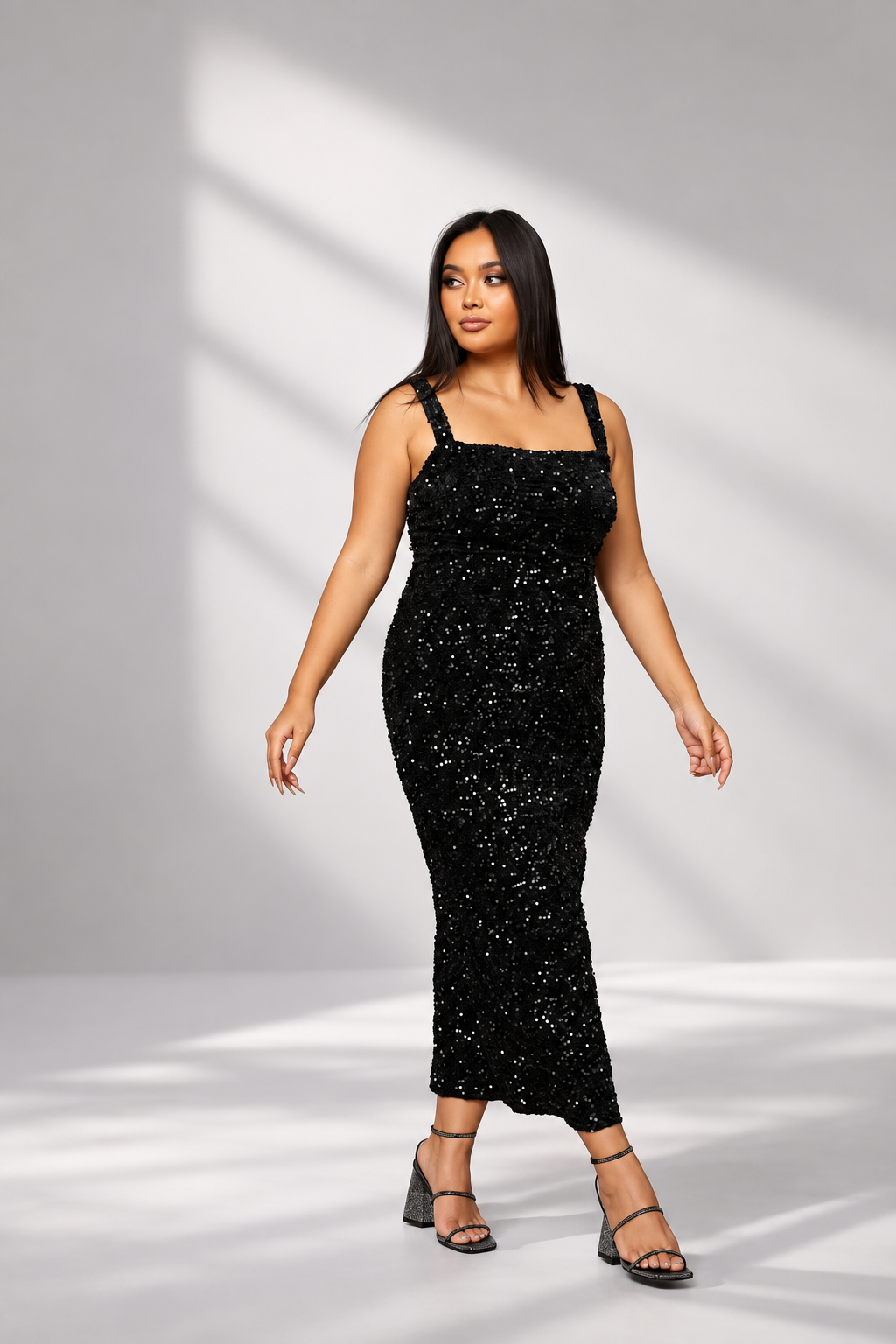 Más tamaño cuadrado cuello sin mangas de lentejuelas vestido midi PXJ468