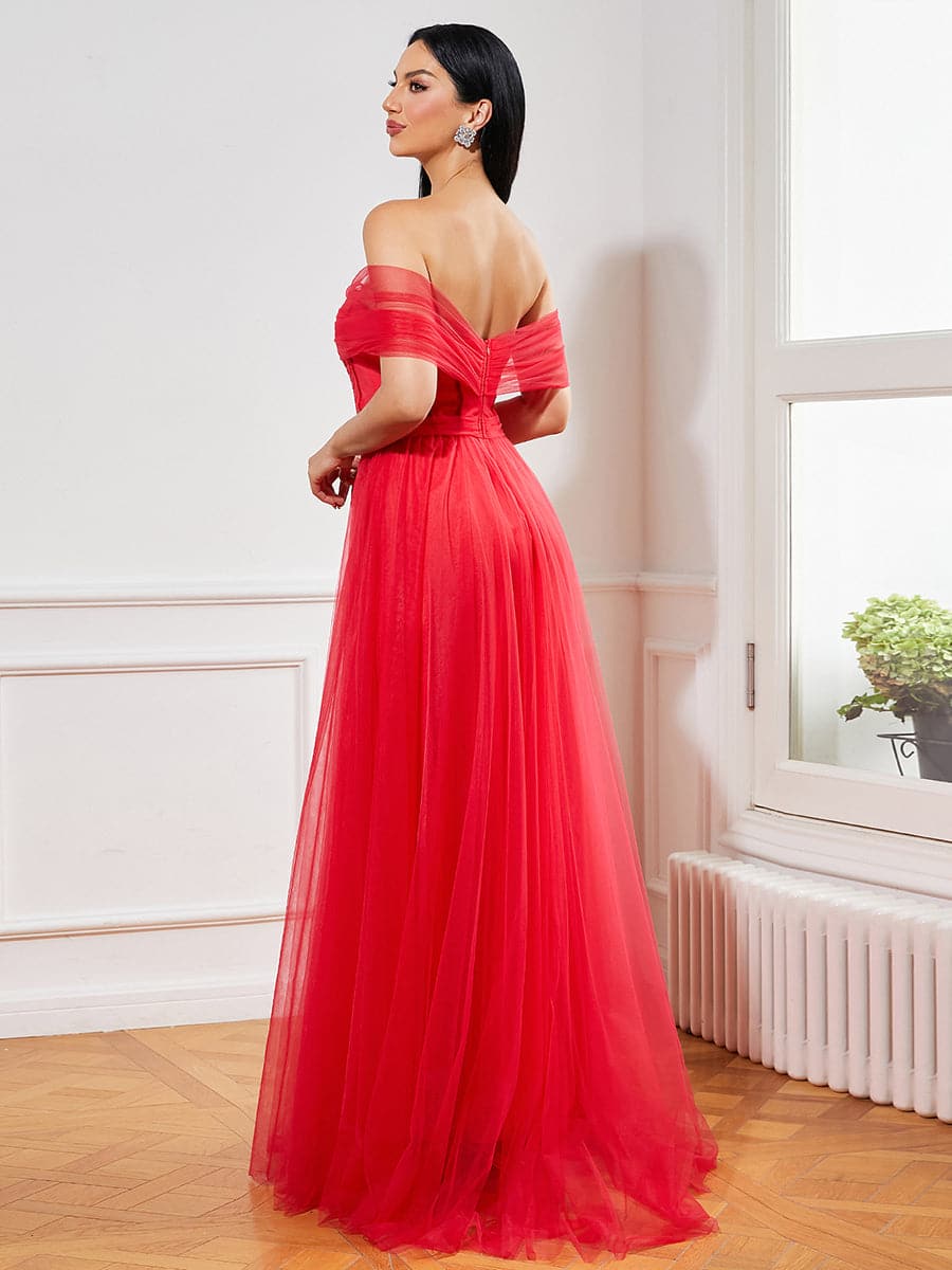Tulle Off Shoulder Red Slit Prom Dress 