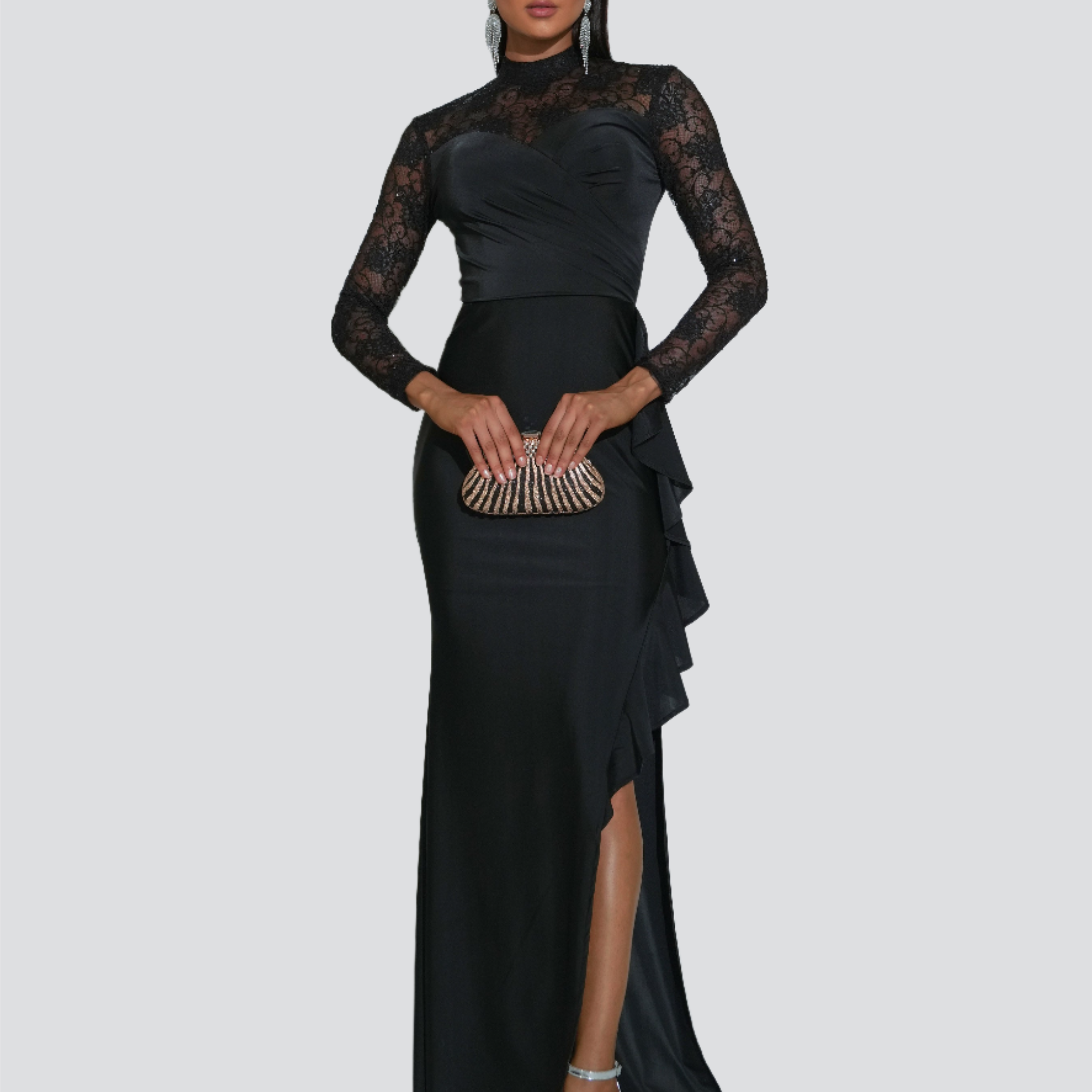 Lace Sleeve Ruffled Hem Maxi Dress RH30925