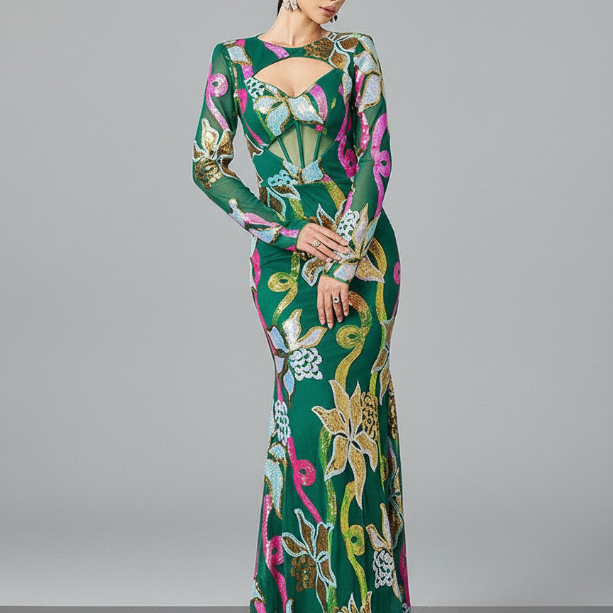 Long Sleeve Corset Cutout Floral Evening Dress DH80214 - Green / XL Long Sleeve Corset Cutout Floral Evening Dress DH80214 - Green / XL