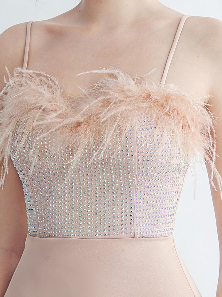 Feather Spaghetti Rhinestone Formal Dress GM90015 - MISS ORD