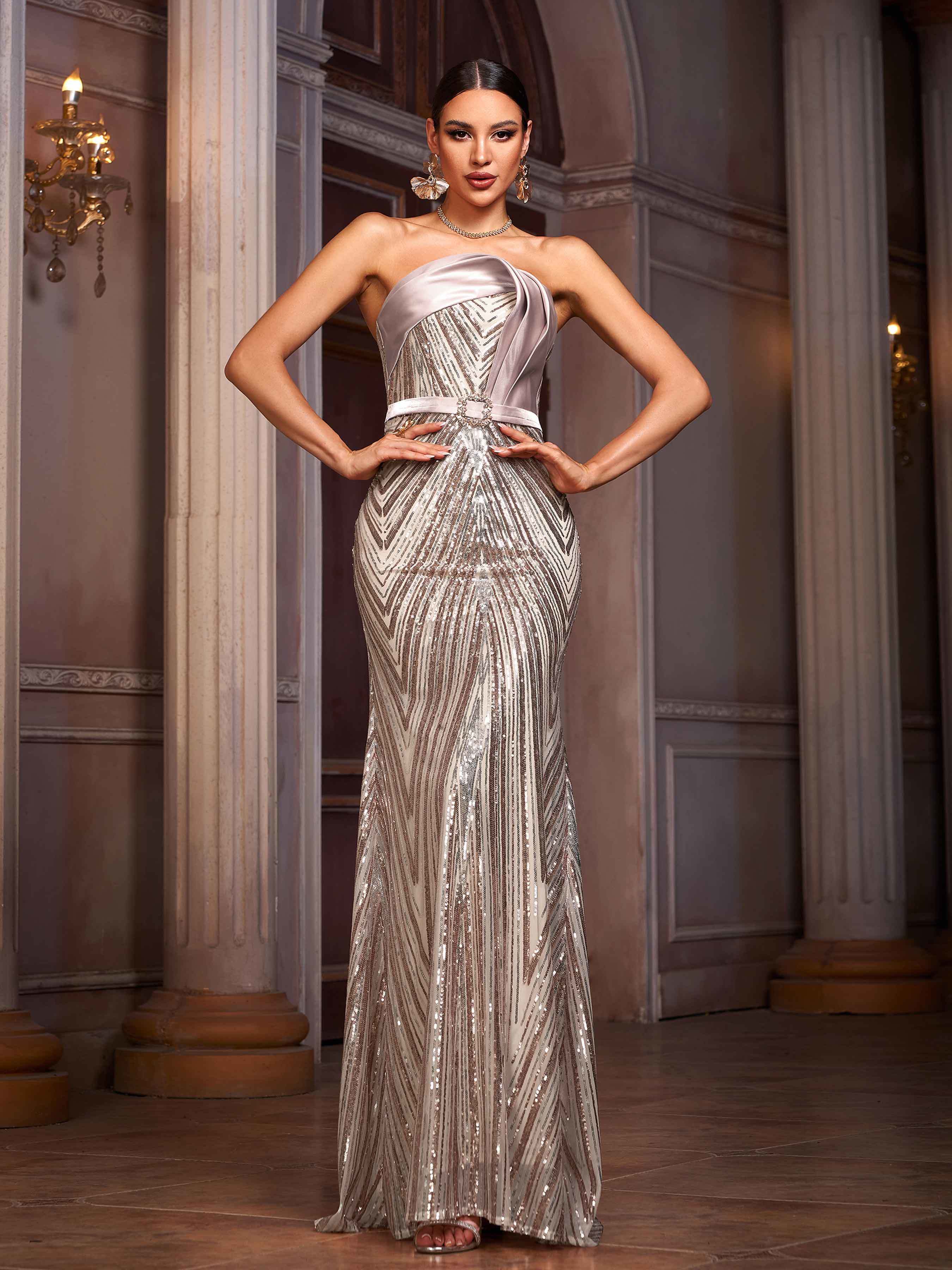 Strapless Mermaid Sequin Formal Dress With Belt DH80224 Strapless Mermaid Sequin Formal Dress With Belt DH80224