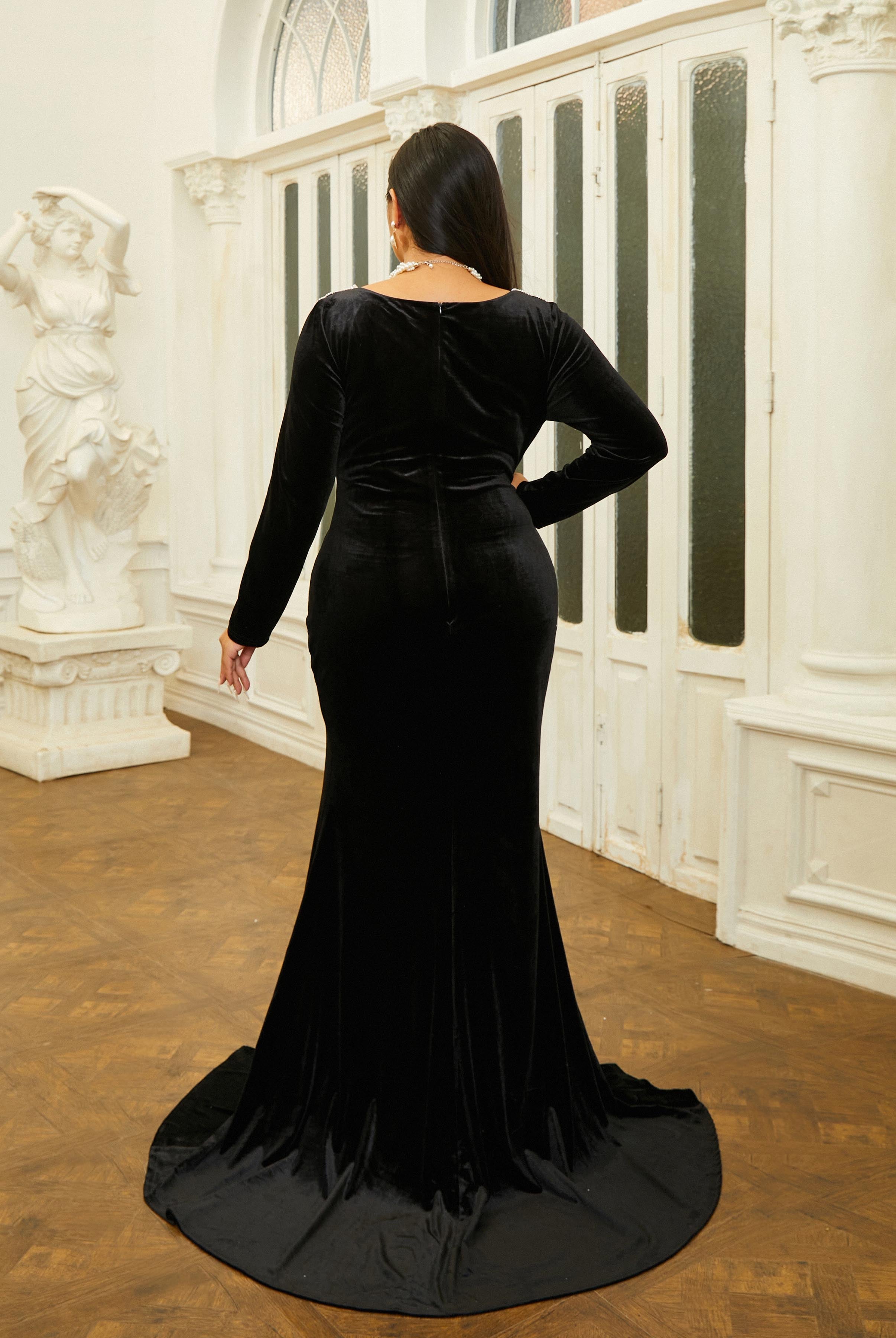 V-neck Velvet Split Black Long Sleeve Evening Dress RH30698
