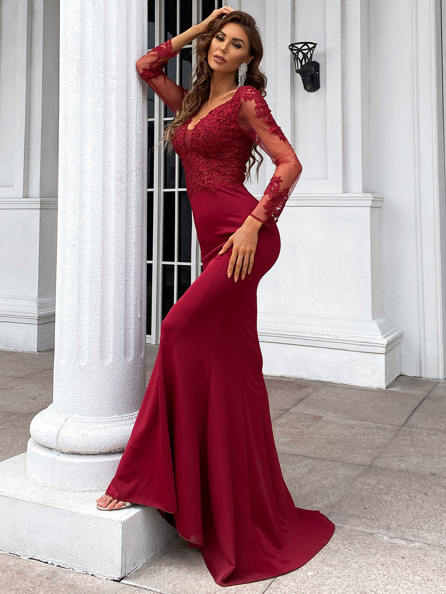Elegant Long Sleeve Embroidered Applique Mermaid Evening Gown M01592 - Wine / L Elegant Long Sleeve Embroidered Applique Mermaid Evening Gown M01592 - Wine / L