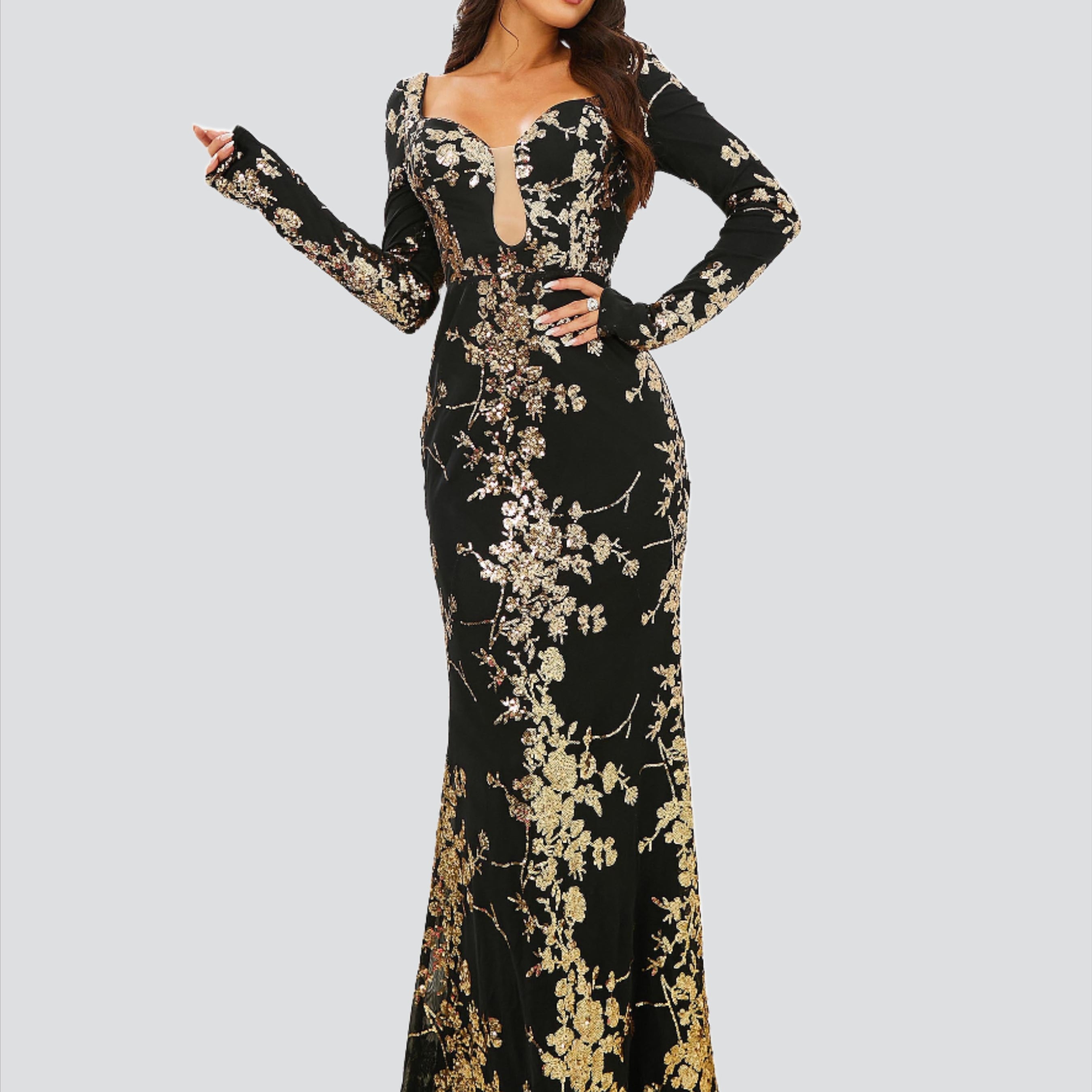 Open Back Long Sleeve Mermaid Black Dress RM20850