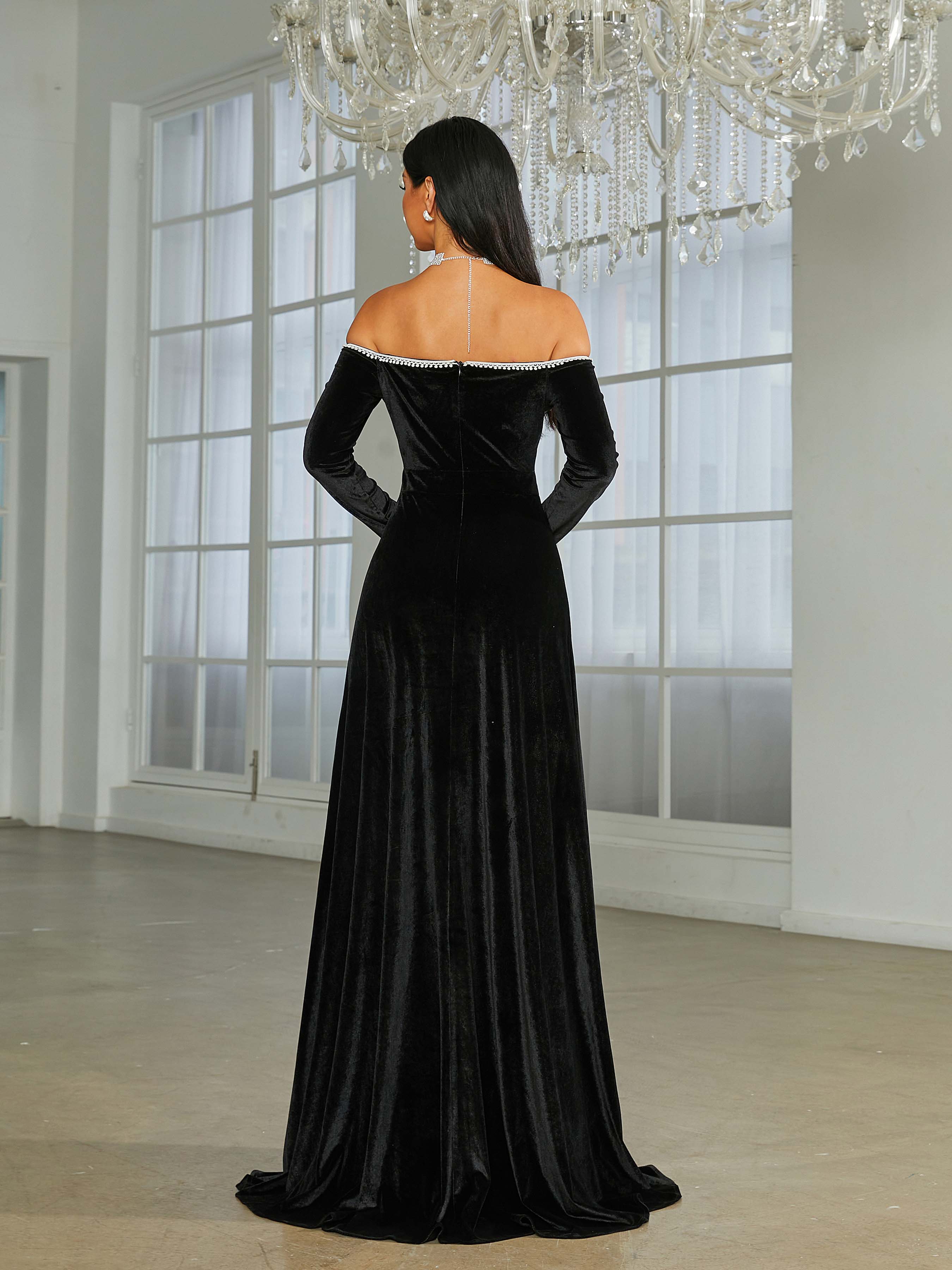 Off The Shoulder High Split Black Velvet Evening Dress