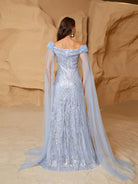 MISSORD Off Shoulder Tulle Panel Sequin Blue Bridesmaid Dress
