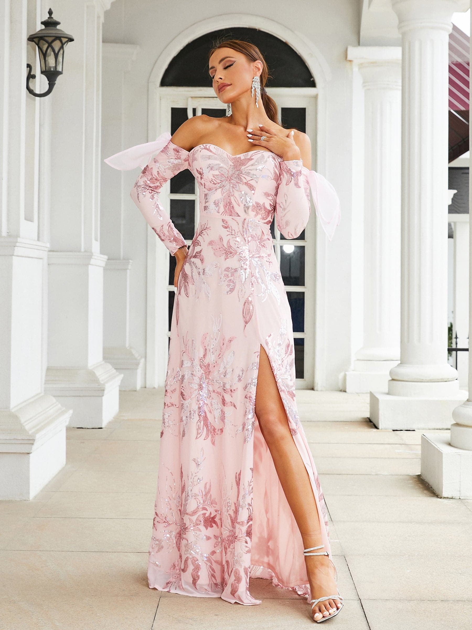 Off Shoulder Sequin Pink Prom Dress XJ2872 MISS ORD