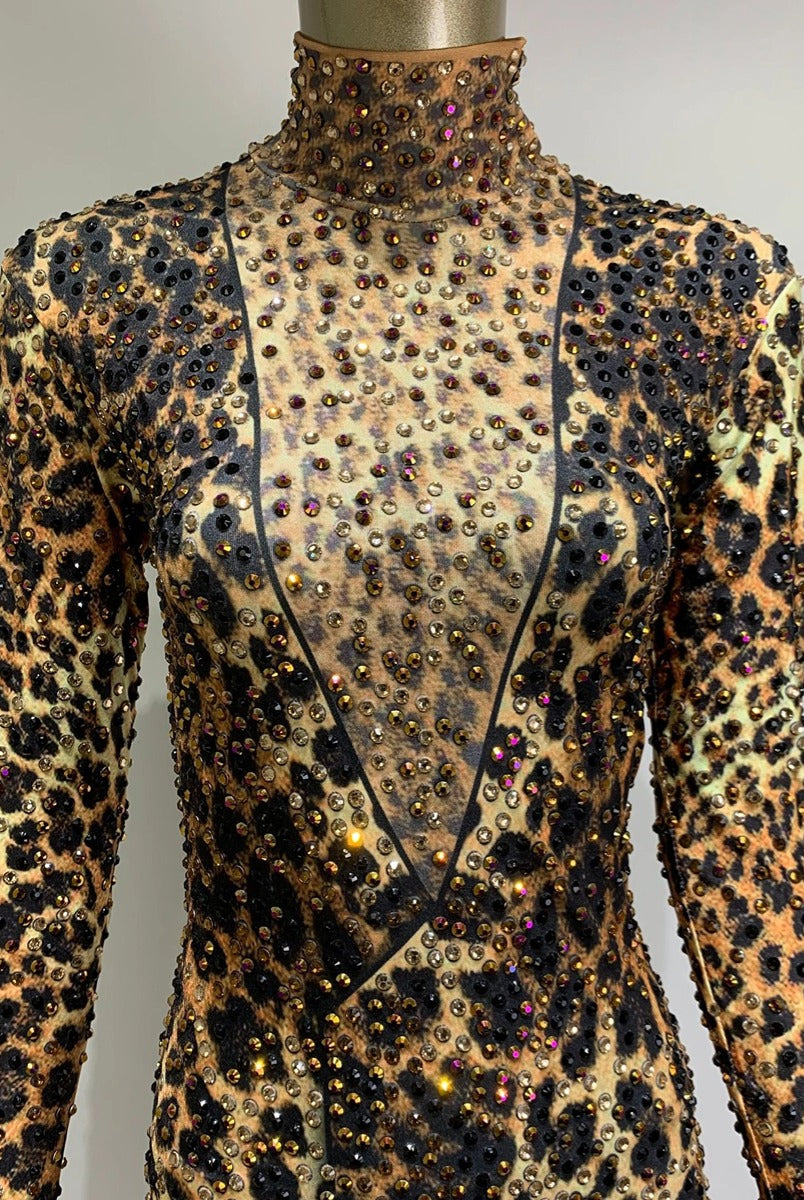 MISSORD Leopard Print Long Sleeve Rhinestone Jumpsuits
