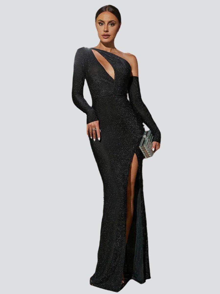 long black sequin dress with split Eternity Black VIP Luxe Feather Off The Shoulder Sequin Long Sleeve Split Maxi Dress 6