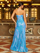 Formal Strapless High Slit Sequin Blue Prom Dress RM21110