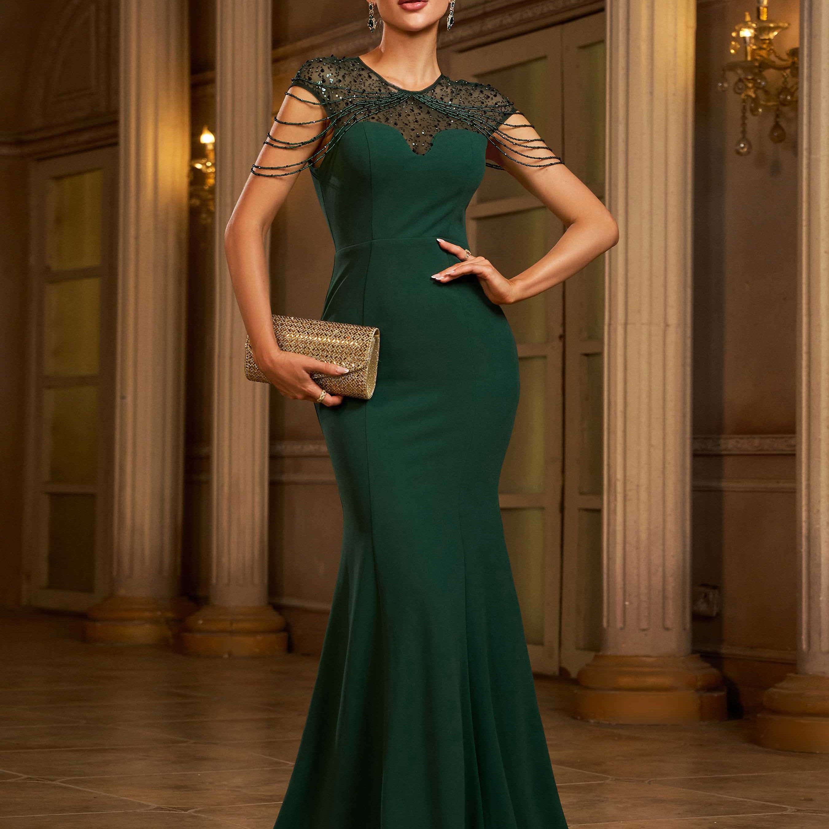 Green Chain See-through Elegant Wedding Guest Dress RX70326 - Green / S Green Chain See-through Elegant Wedding Guest Dress RX70326 - Green / S
