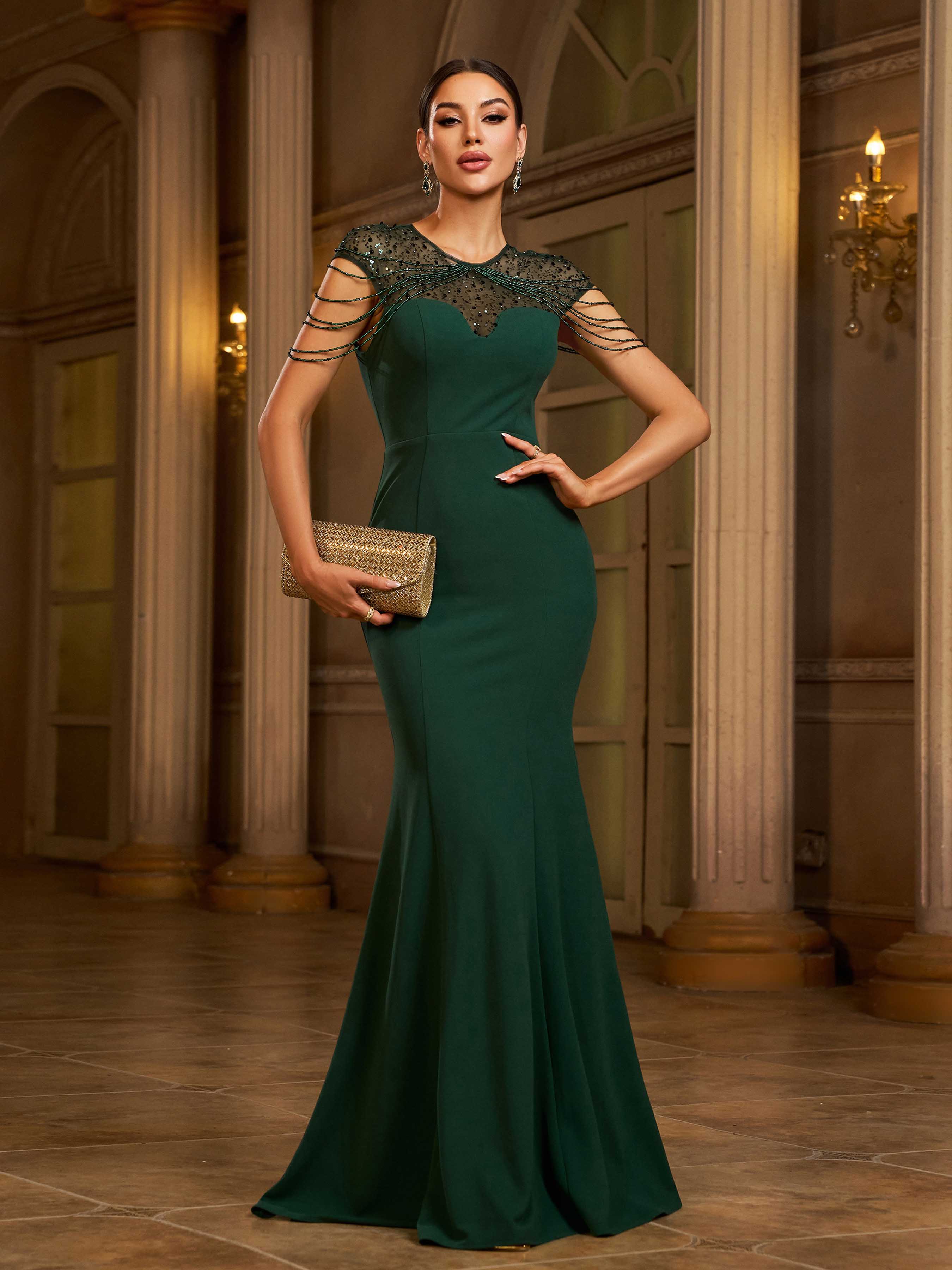 Green Chain See-Through Elegant Wedding Guest Dress RX70326 - Green / L Green Chain See-Through Elegant Wedding Guest Dress RX70326 - Green / L