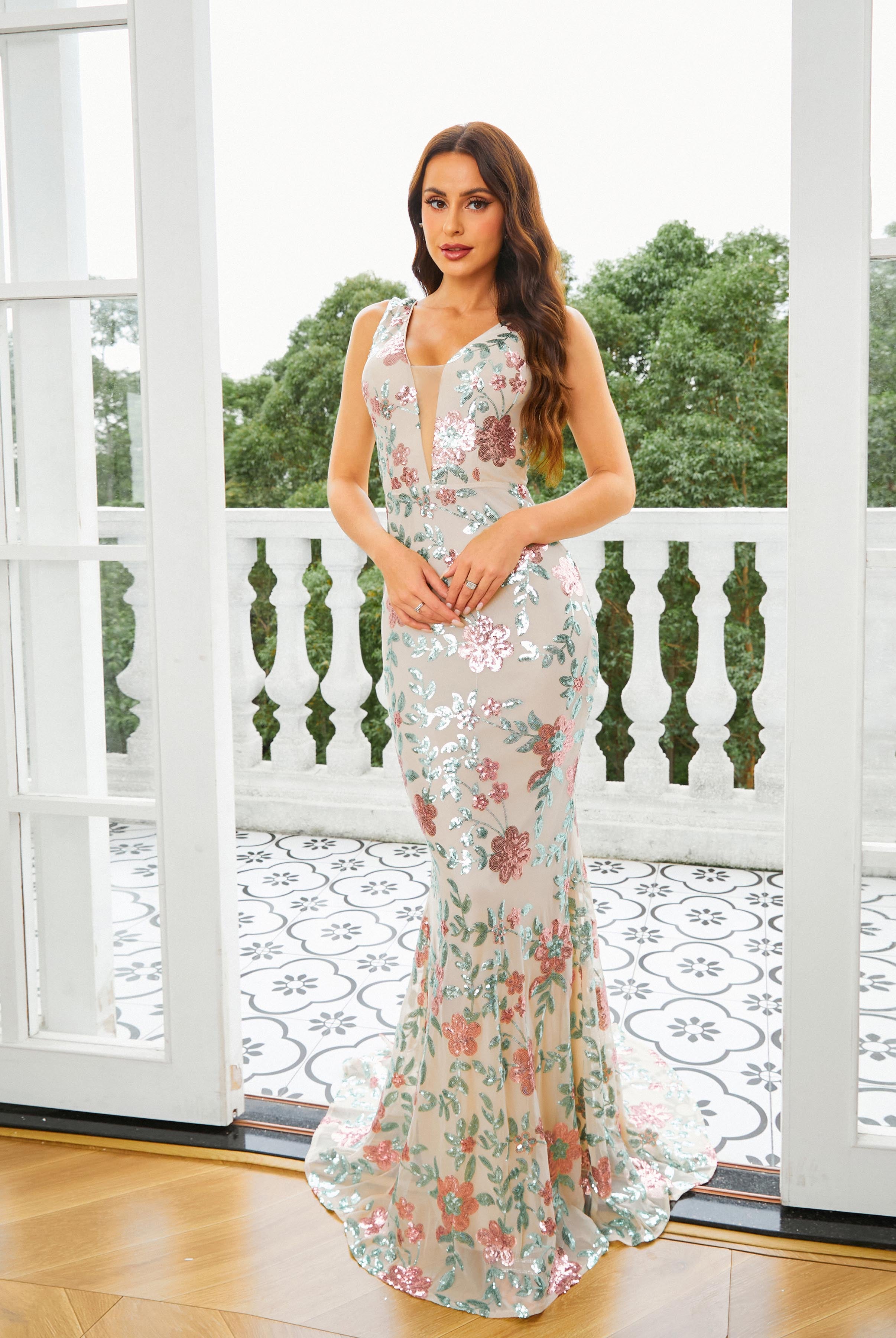 MISSORD Floral V-Neck Backless Sequin Apricot Prom Dress
