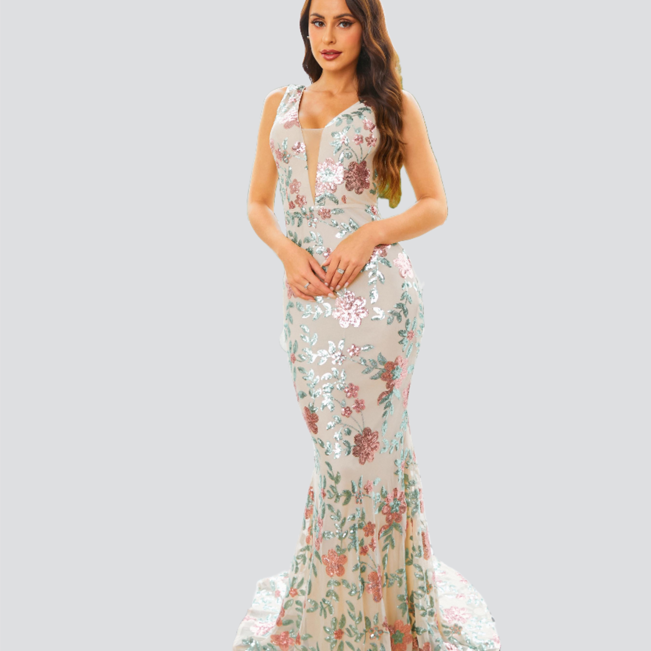 Floral  Backless Sequin Apricot Prom Dress RJ10790