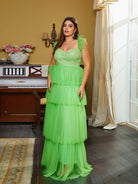 Plus Size A-Line Feather Strap Embroidery Green Prom Dress