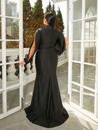 MISSORD Plus Size Stand Collar Cutout Mermaid Black Prom Dress