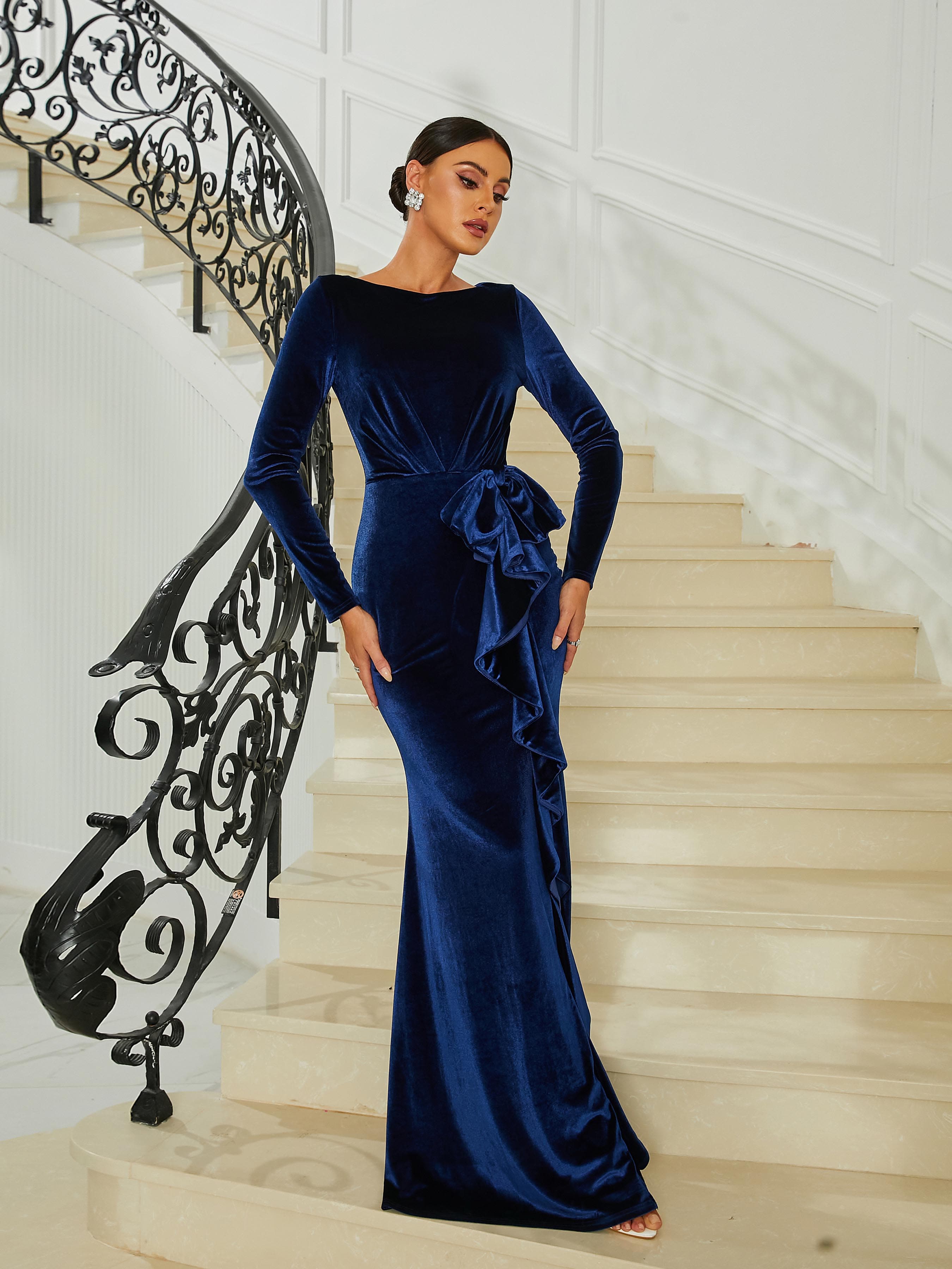 Formal Ruffled Velvet Blue Evening Dress M02307 MISS ORD