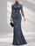 Mesh Halter Neck Long Sleeve Ruched Mermaid Maxi Evening Dress