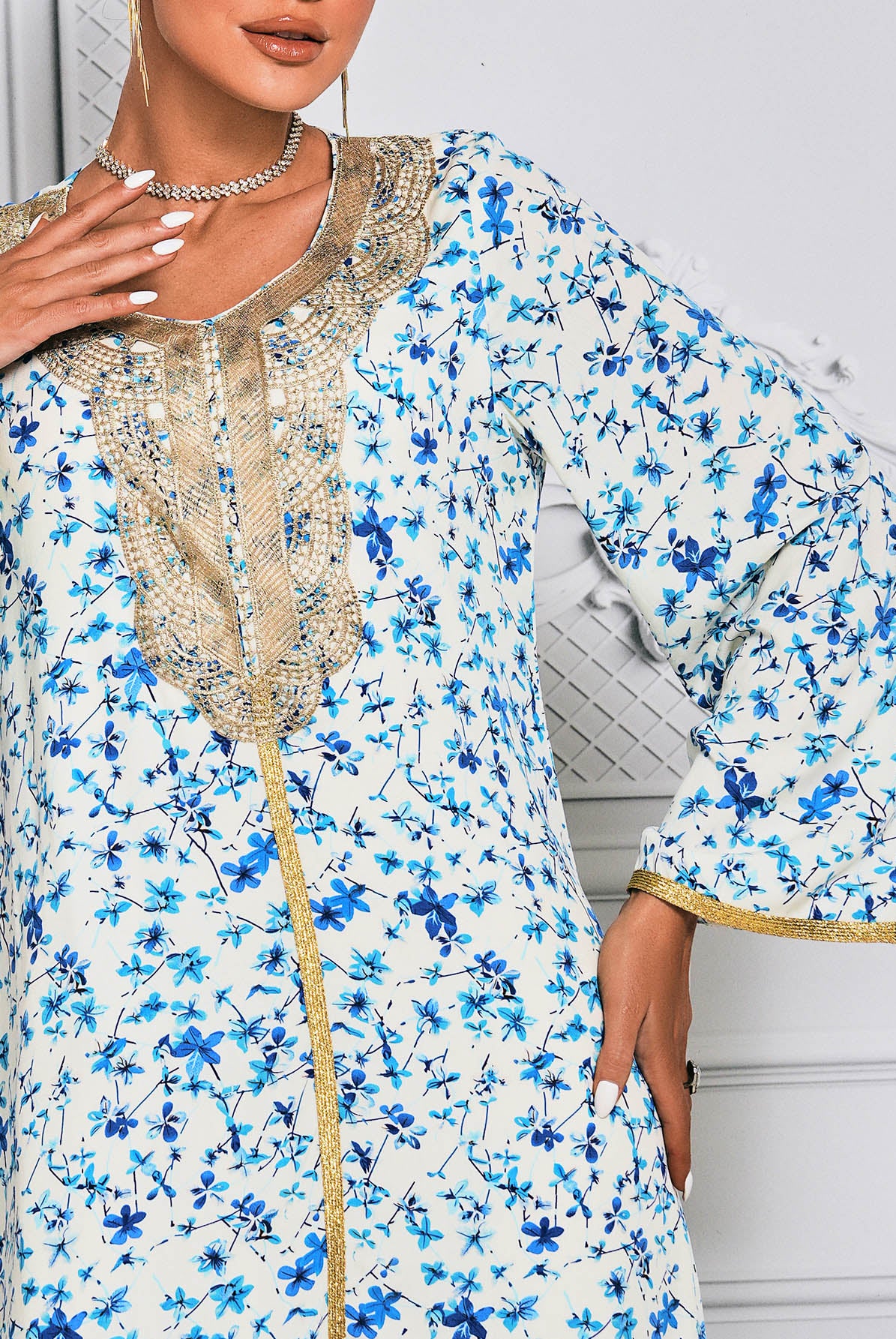 Blue Printed Gold Embroidered Midi Dress