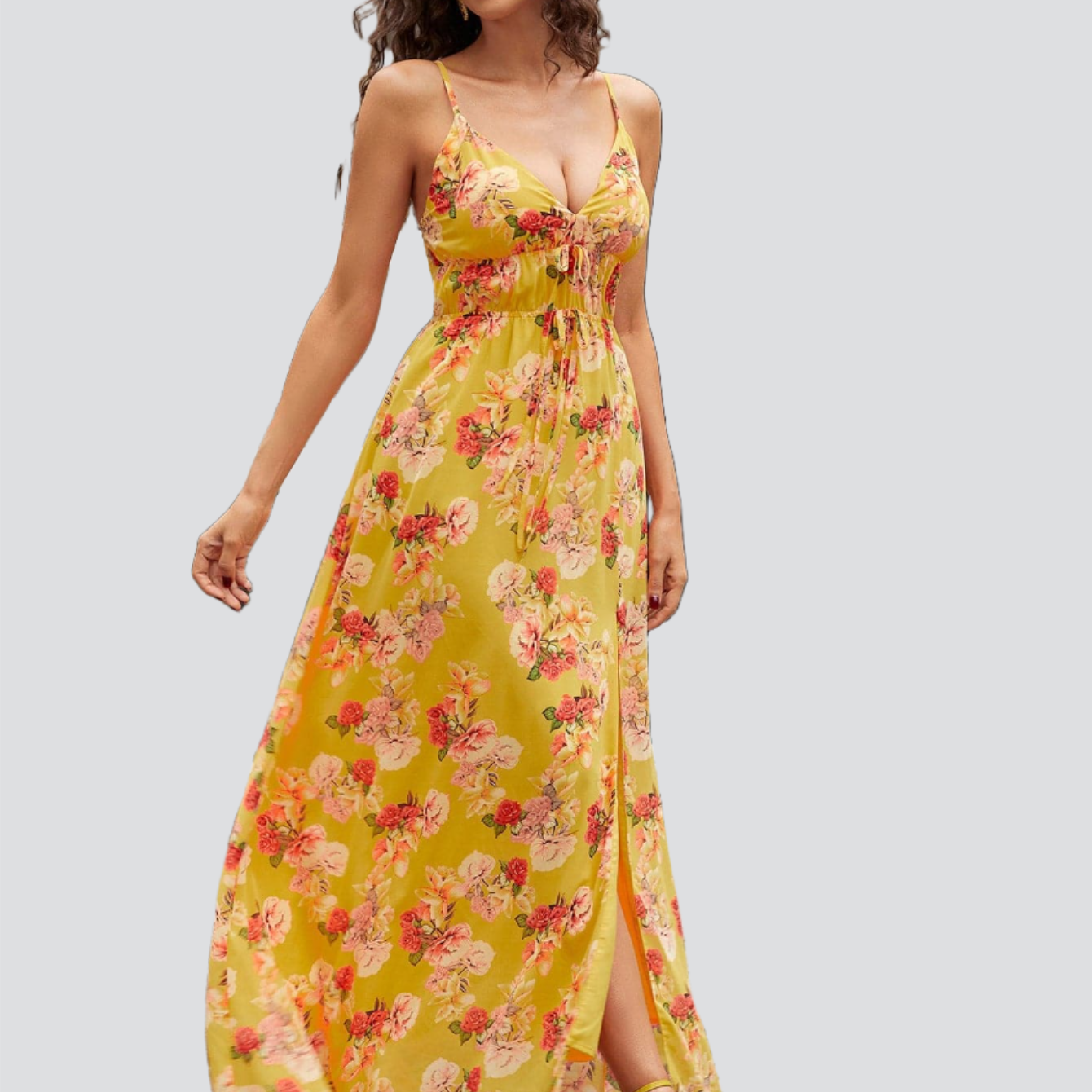 Maxi-Cami-Kleid mit Blumendruck, Knoten vorne und Schlitz am Oberschenkel XH1921
