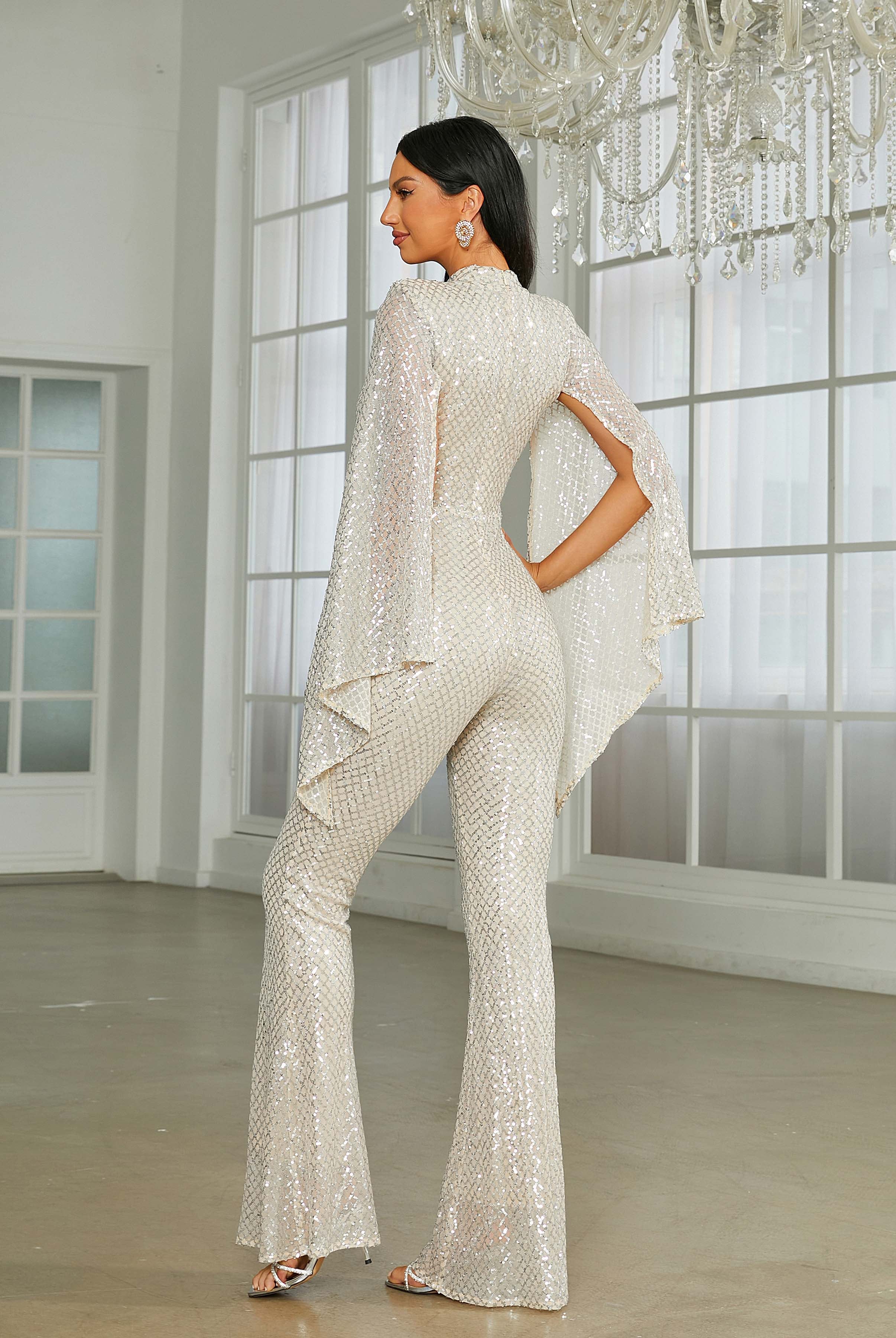 Stand Collar Cape Sleeve Sequin Jumpsuits RH30599