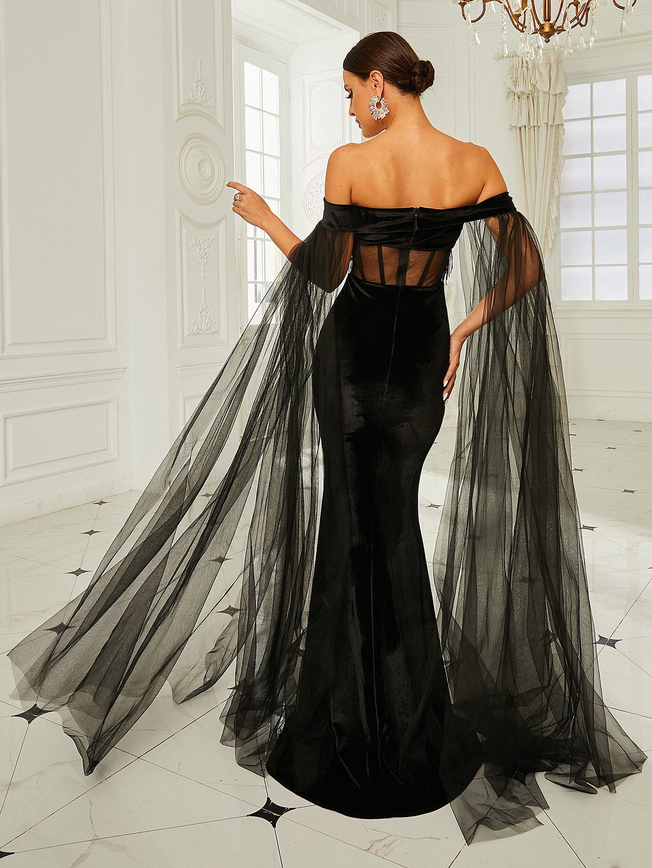 Off Shoulder Ruched Cut-out Velvet Black Prom Dress RA60254
