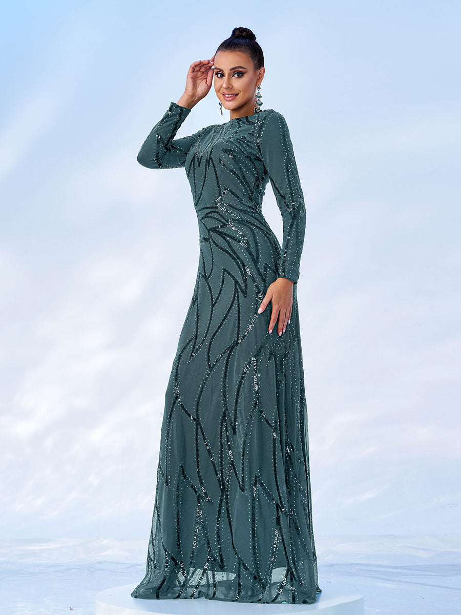 A-Line Long Sleeve Sequin Black Dress XJ1962 - MISS ORD