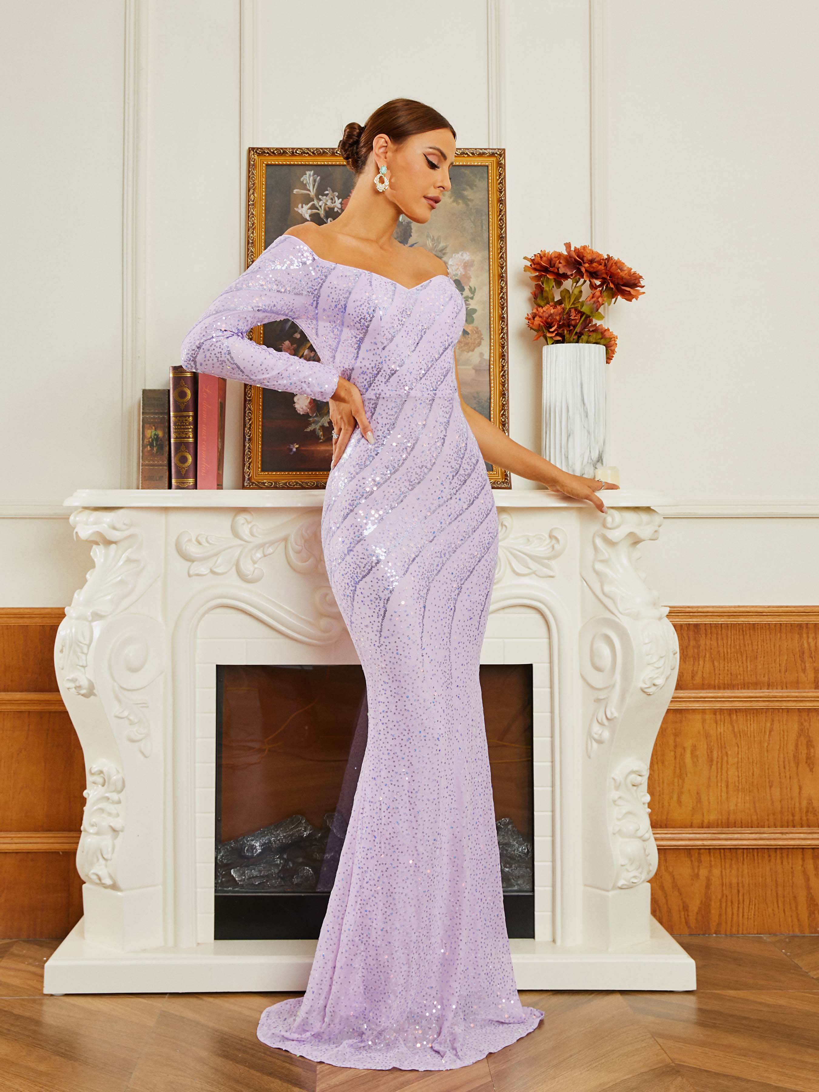 Off The Shoulder Striped Sequin Purple Evening Dress RM20449