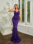 Formal V-Neck Lace-Up Purple Sequin Mermaid Dress RH30651