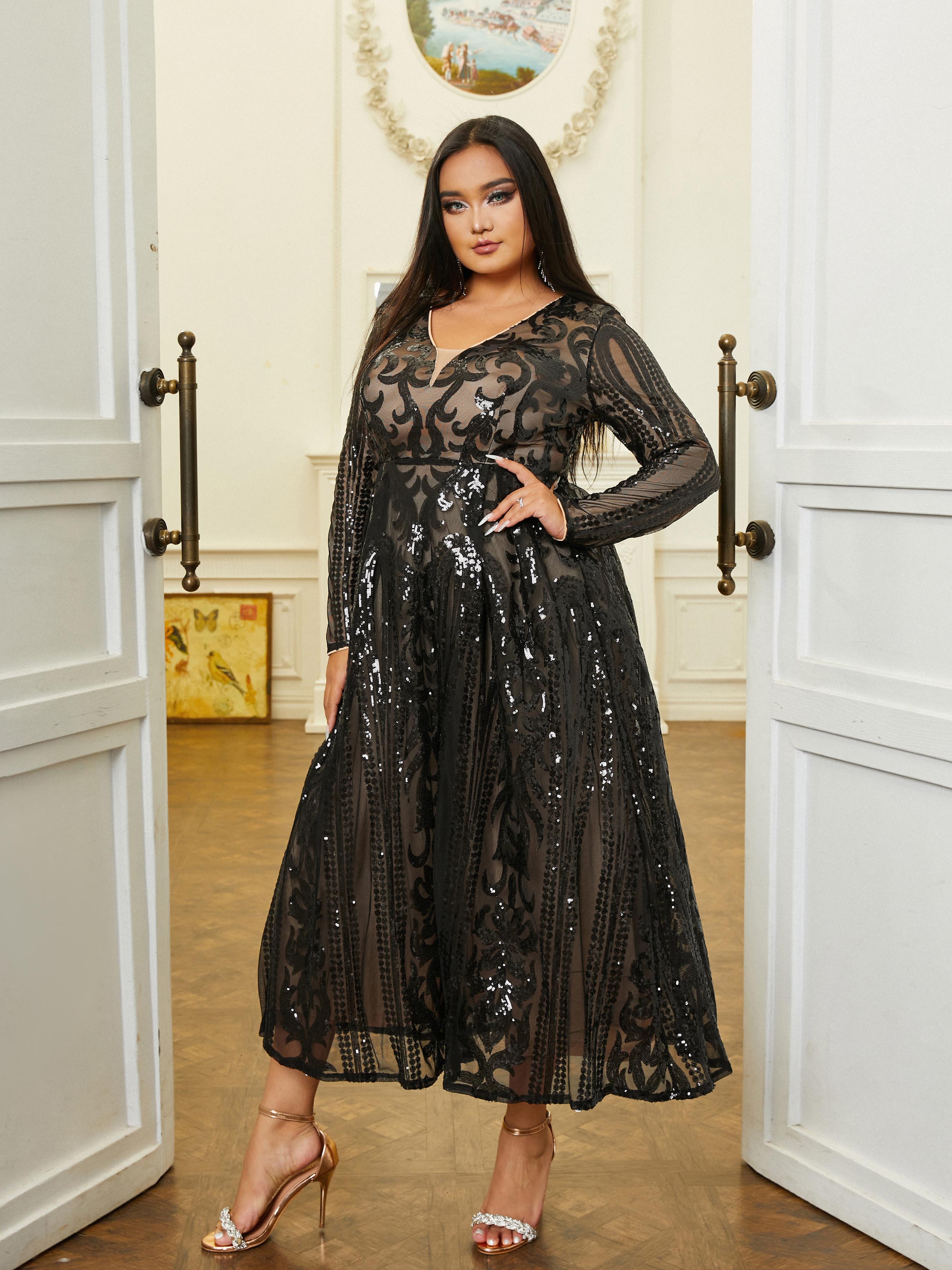 Plus V-neck Long Sleeve Sequin Dress PRJ10179 - MISS ORD