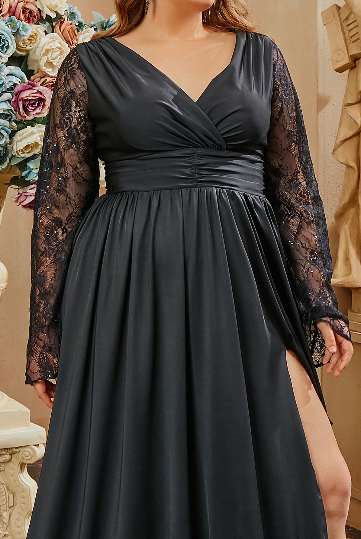 Plus Size Wrap Ruched Lace Sleeve Black Evening Dress PRA60096